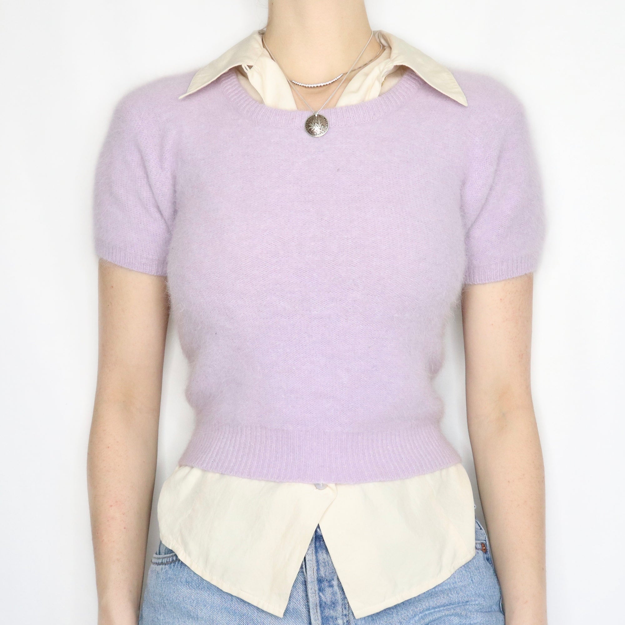 Vintage 90s Pale Lavender Fuzzy Angora Short Sleeve Sweater