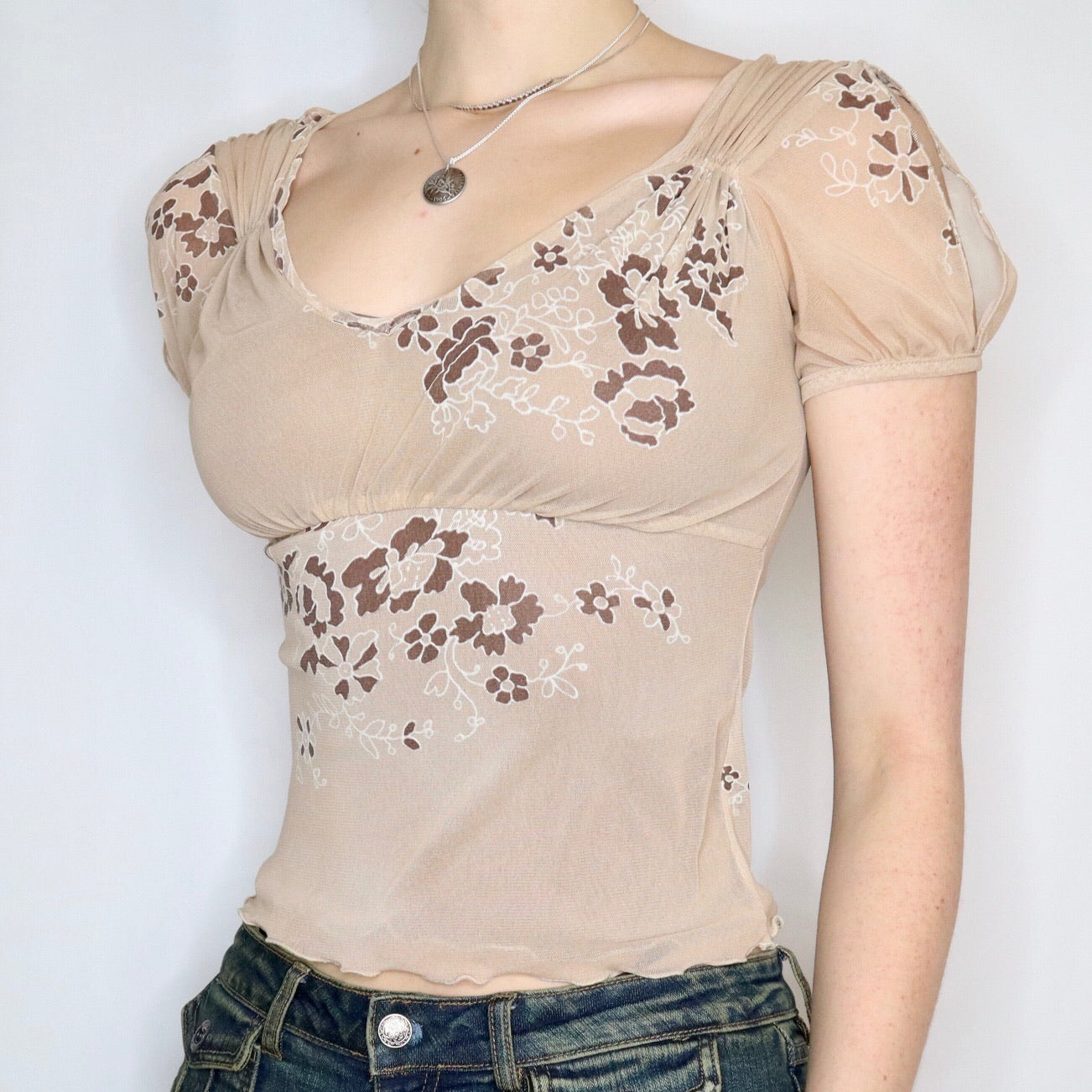 French Vintage Y2K Light Brown Layered Mesh Blouse