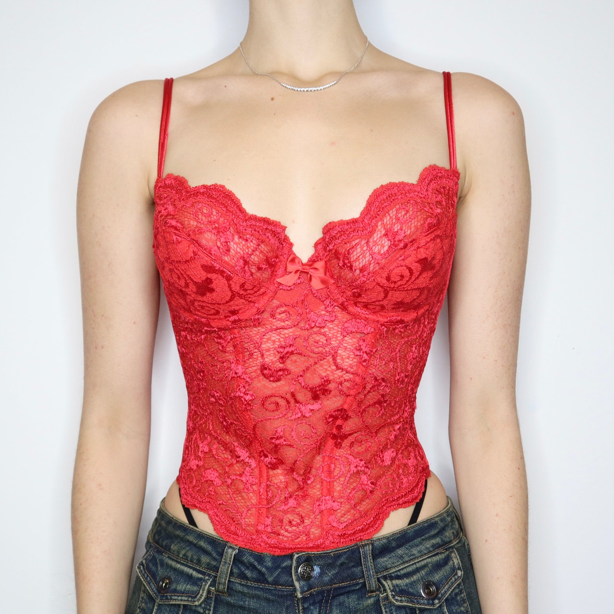 Vintage 90s Red Lace Swirl Corset 