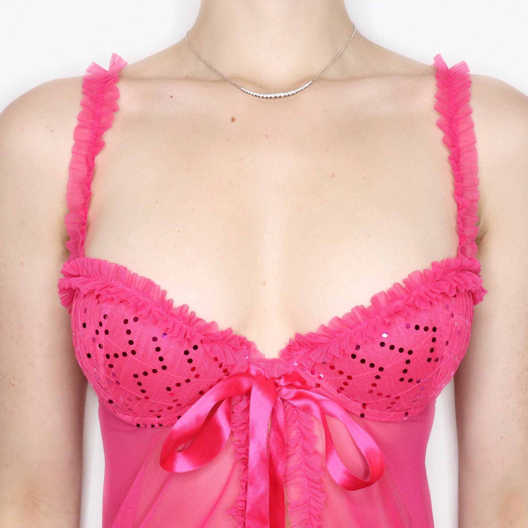 Late 2000s Victoria's Secret Hot Pink Mesh Babydoll Bustier