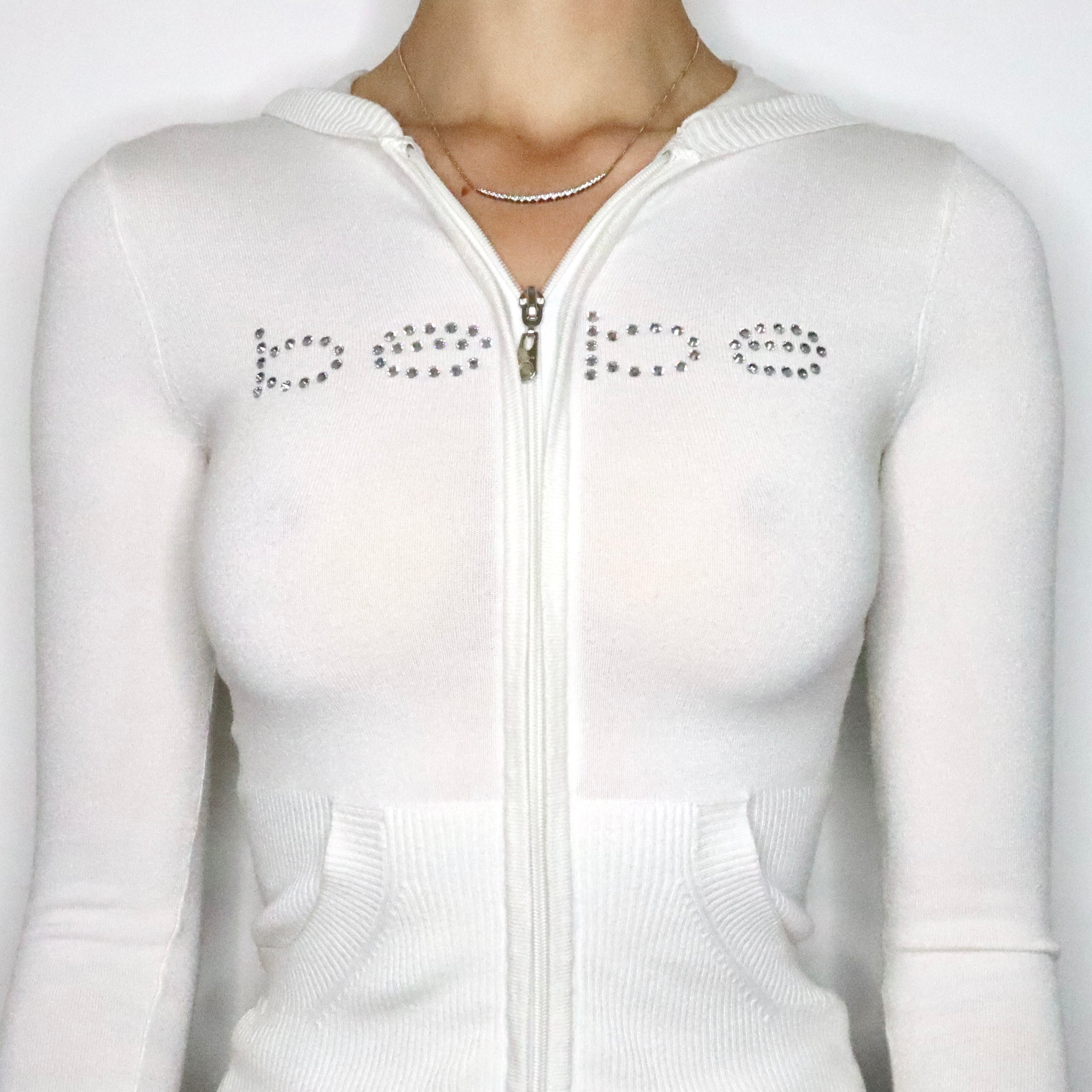 White Bebe Diamanté Zip Up Hoodie (XS-S) - Imber Vintage
