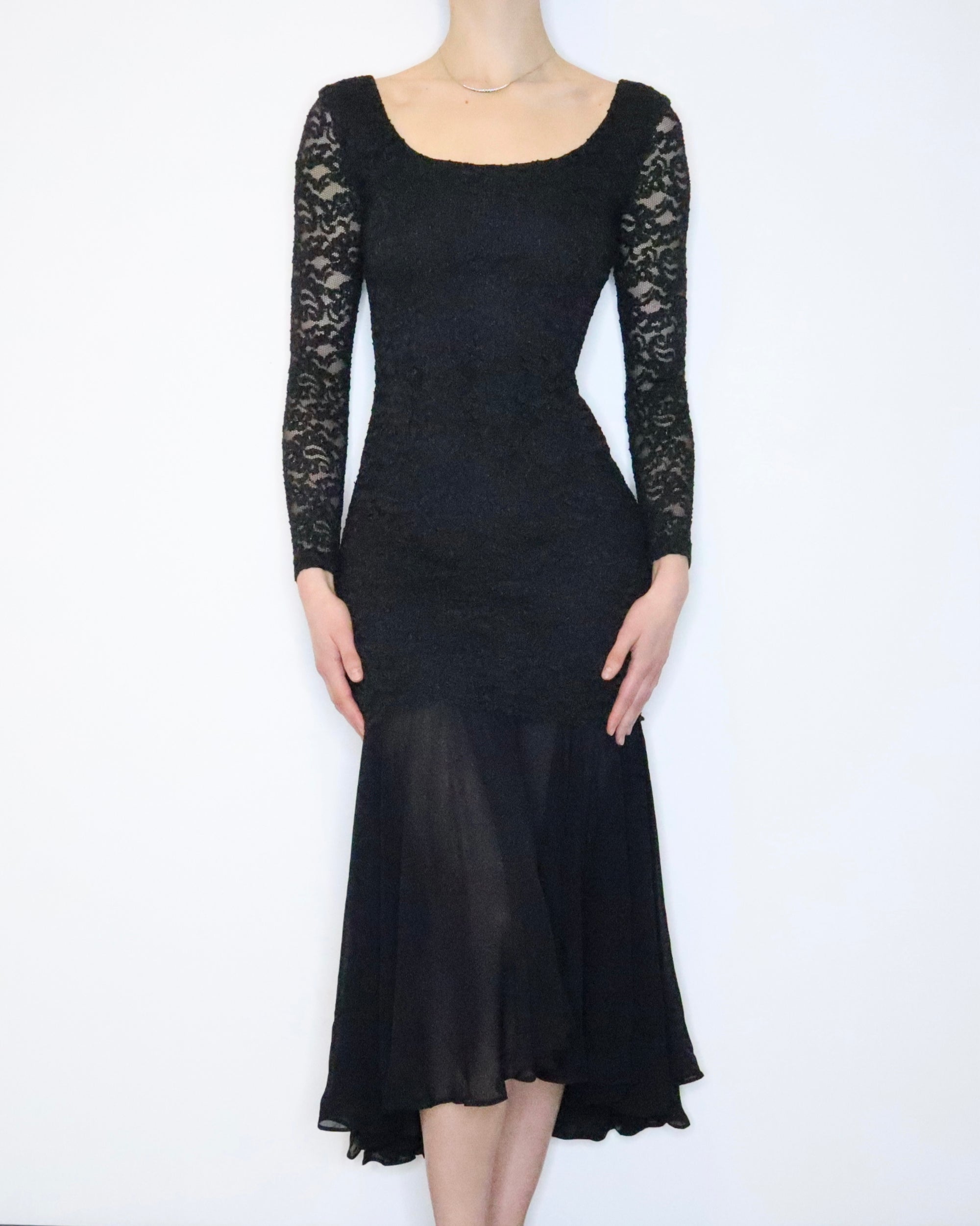 90s SHELLI SEGAL Black Lace Gown (S) 
