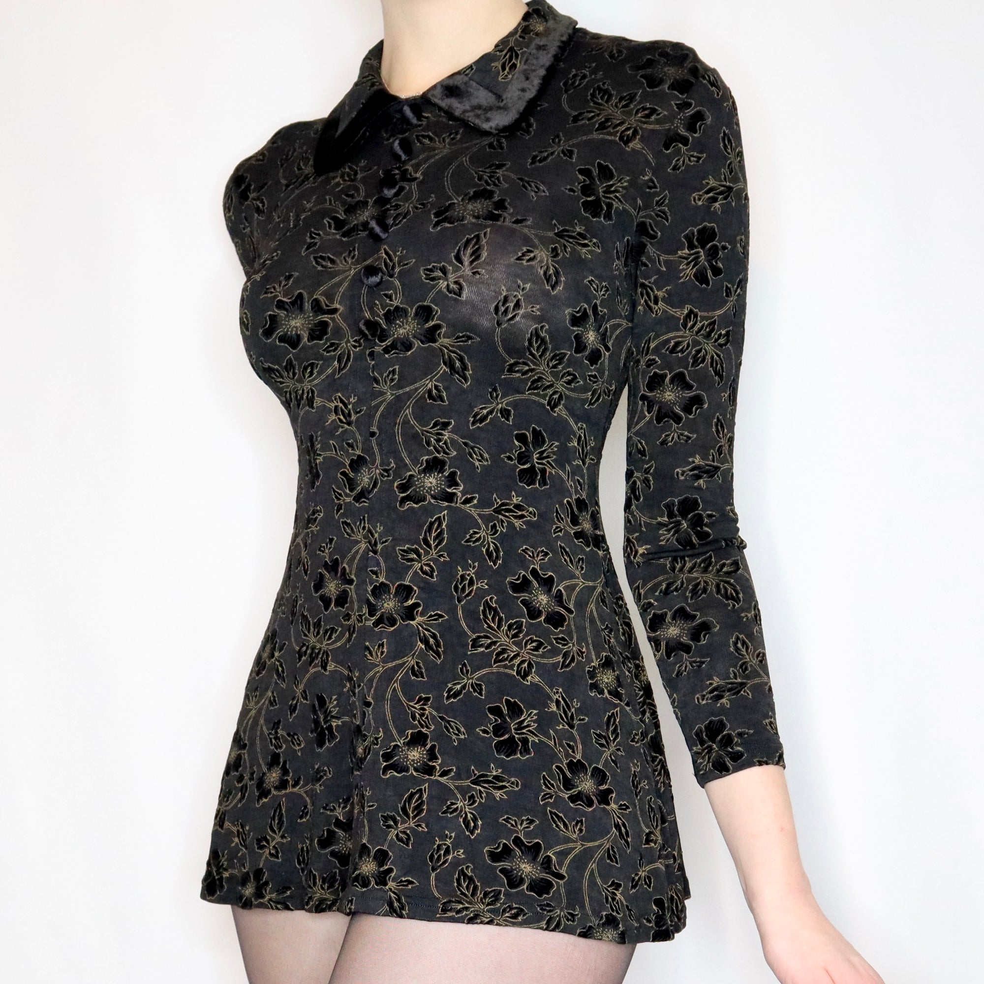 90s babydoll dress French Vintage 90s Slinky Black Floral Babydoll Dress