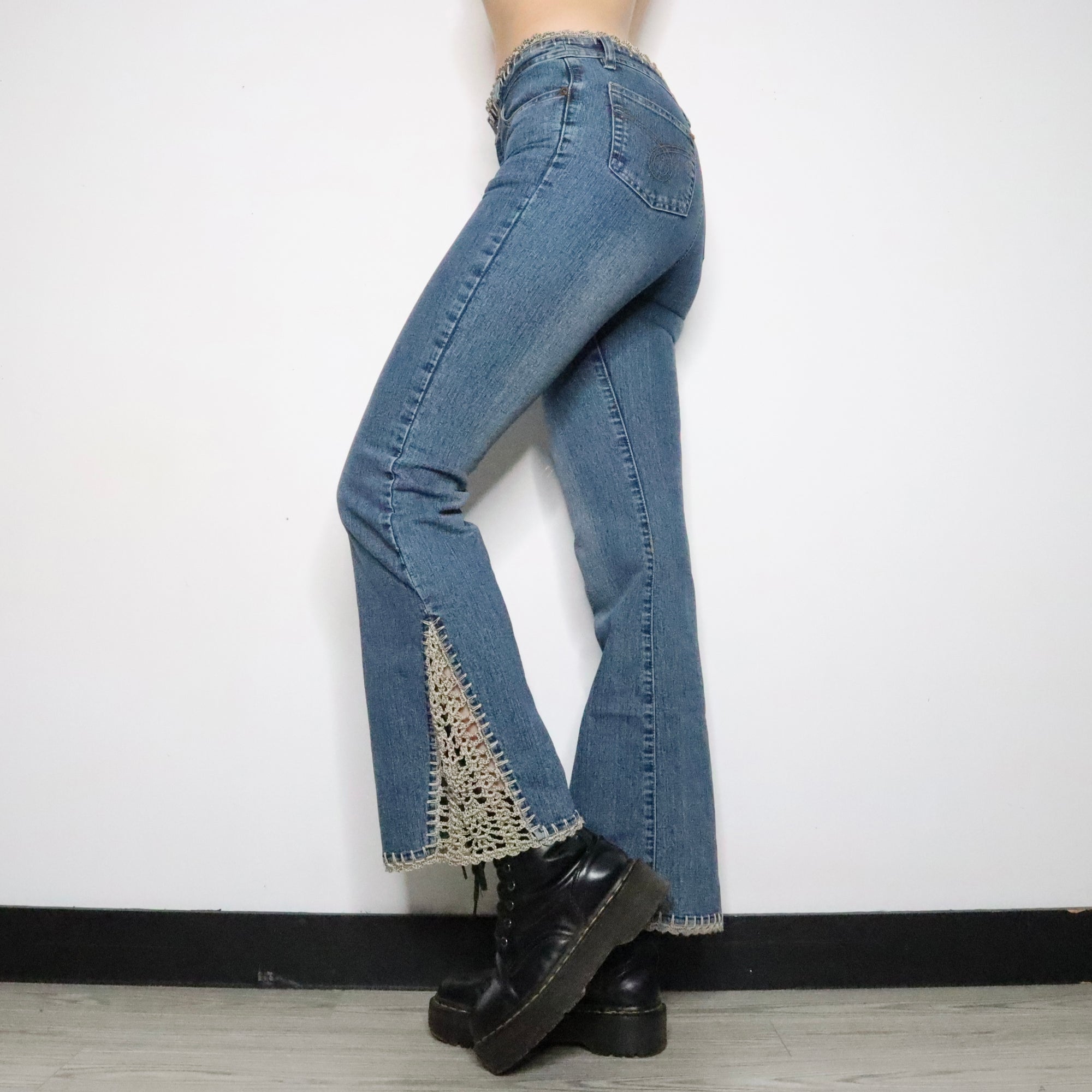 Upcycled size 12 jeans with crochet flare insert :: Consciously