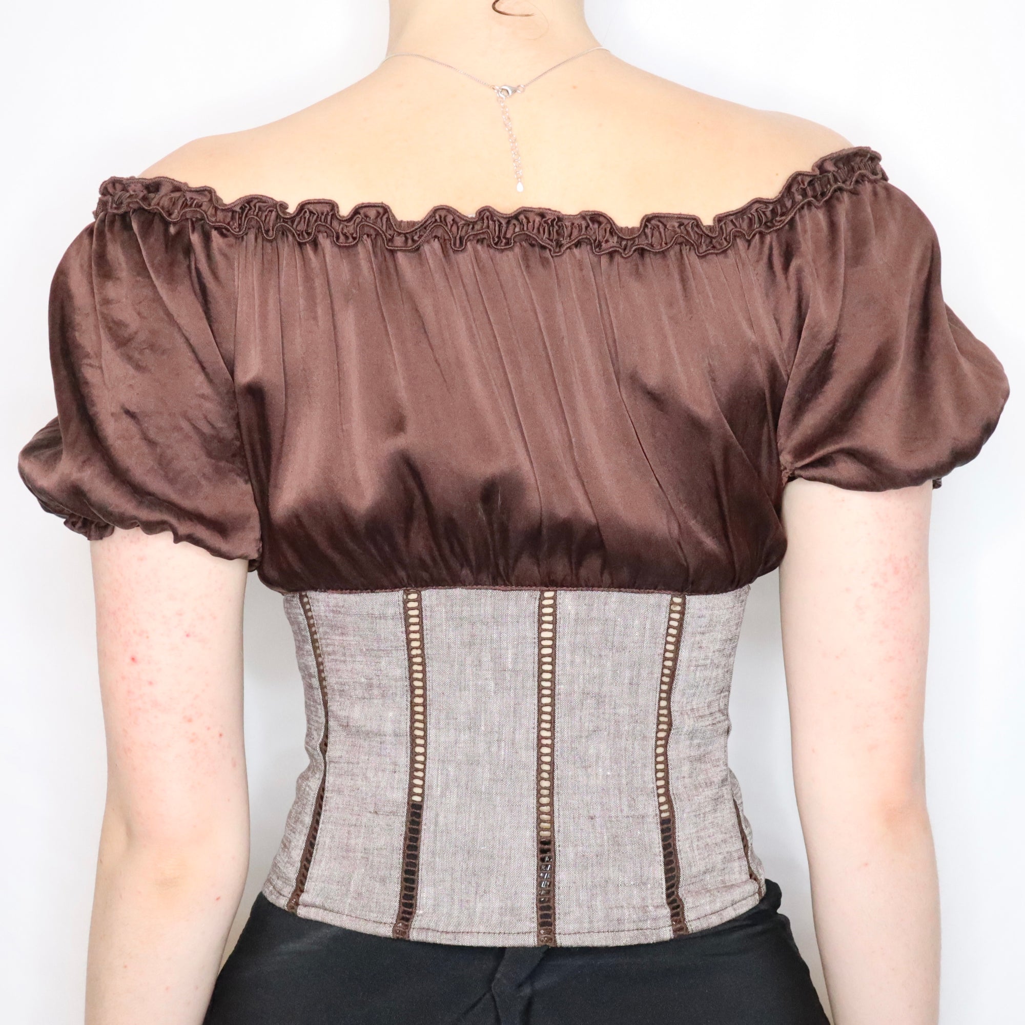 Vintage Early 2000s Brown Silk Corset Style Milkmaid Blouse