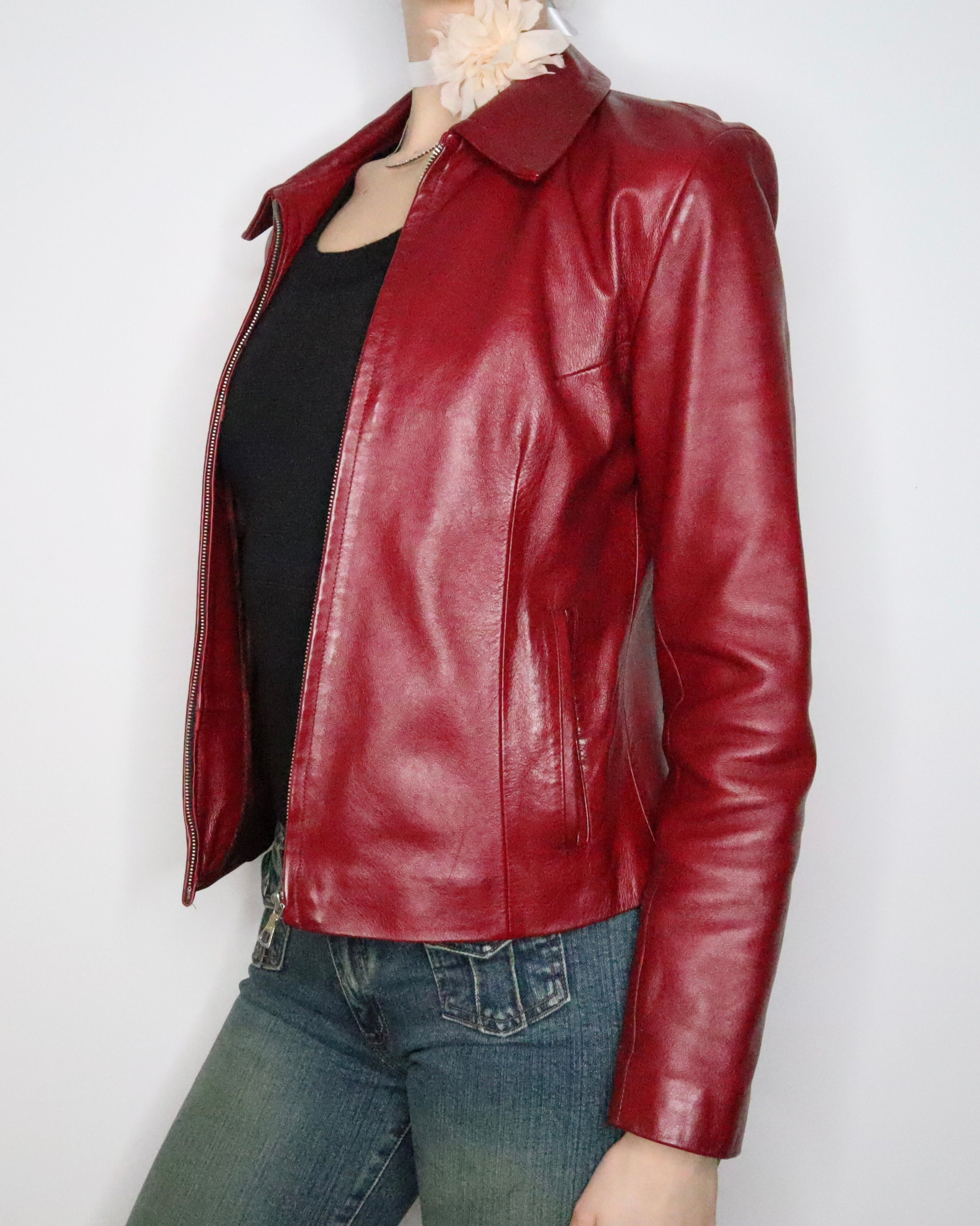 Red Leather Motorcycle Jacket for Women