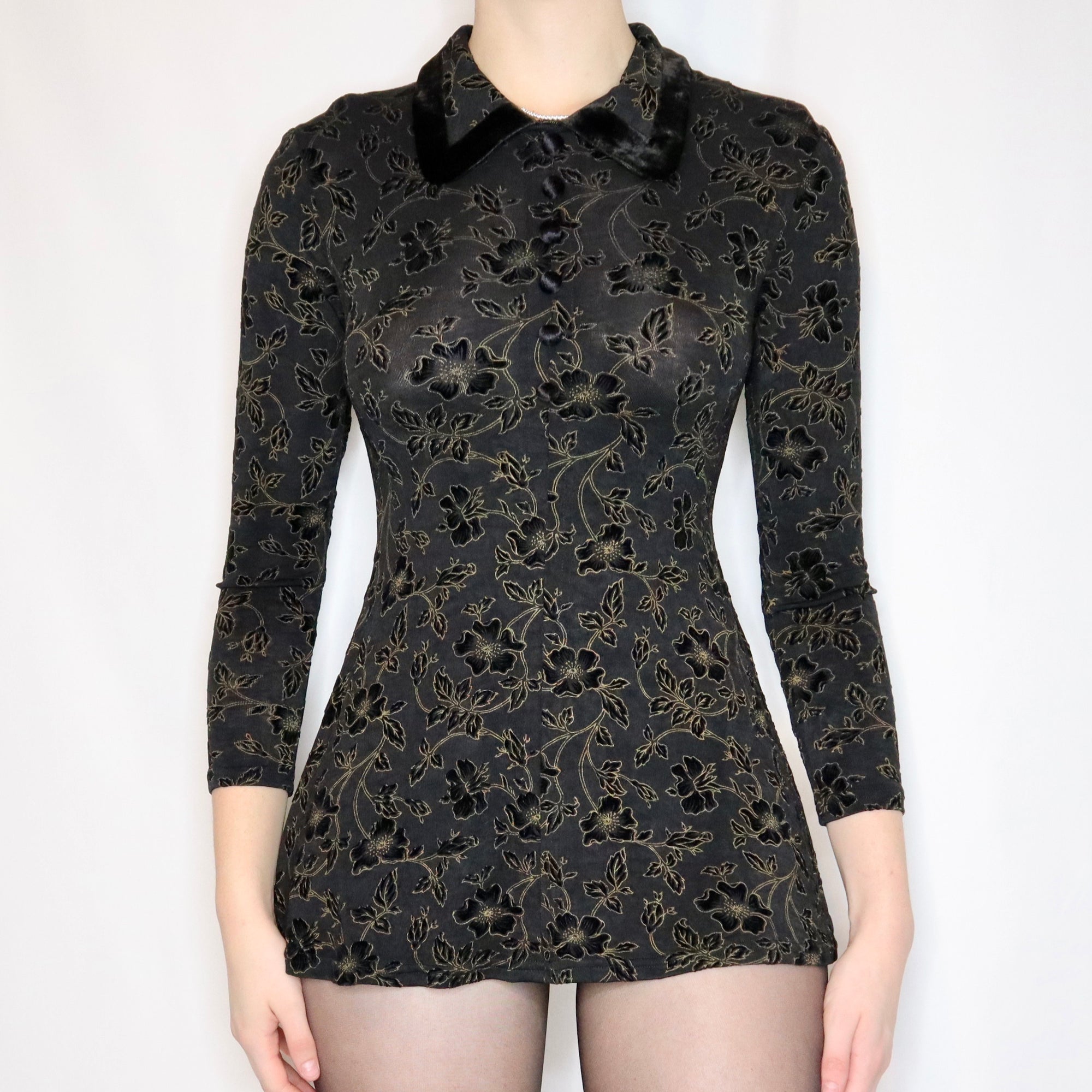 French Vintage 90s Slinky Black Floral Babydoll Dress - Imber Vintage French Vintage 90s Slinky Black Floral Babydoll Dress - Imber Vintage