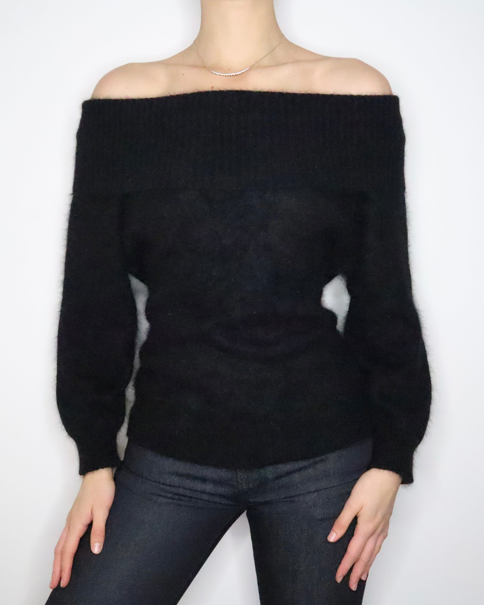 Fuzzy Black Off The Shoulder Sweater (M-L) 