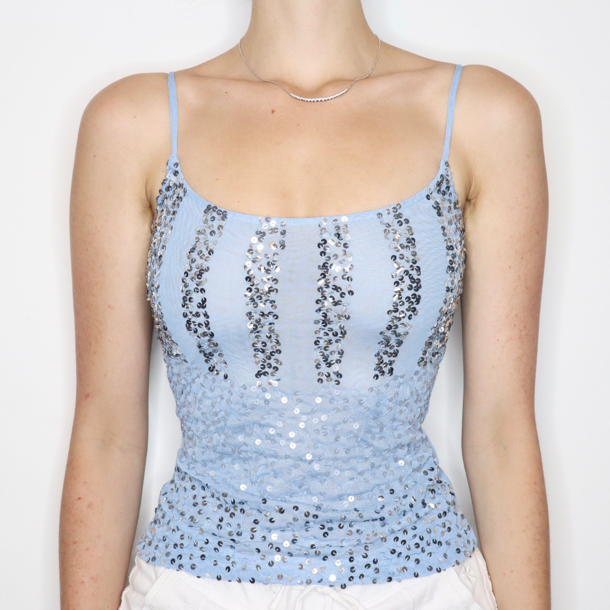 Vintage Early 2000s Baby Blue Mesh Sequin Cami