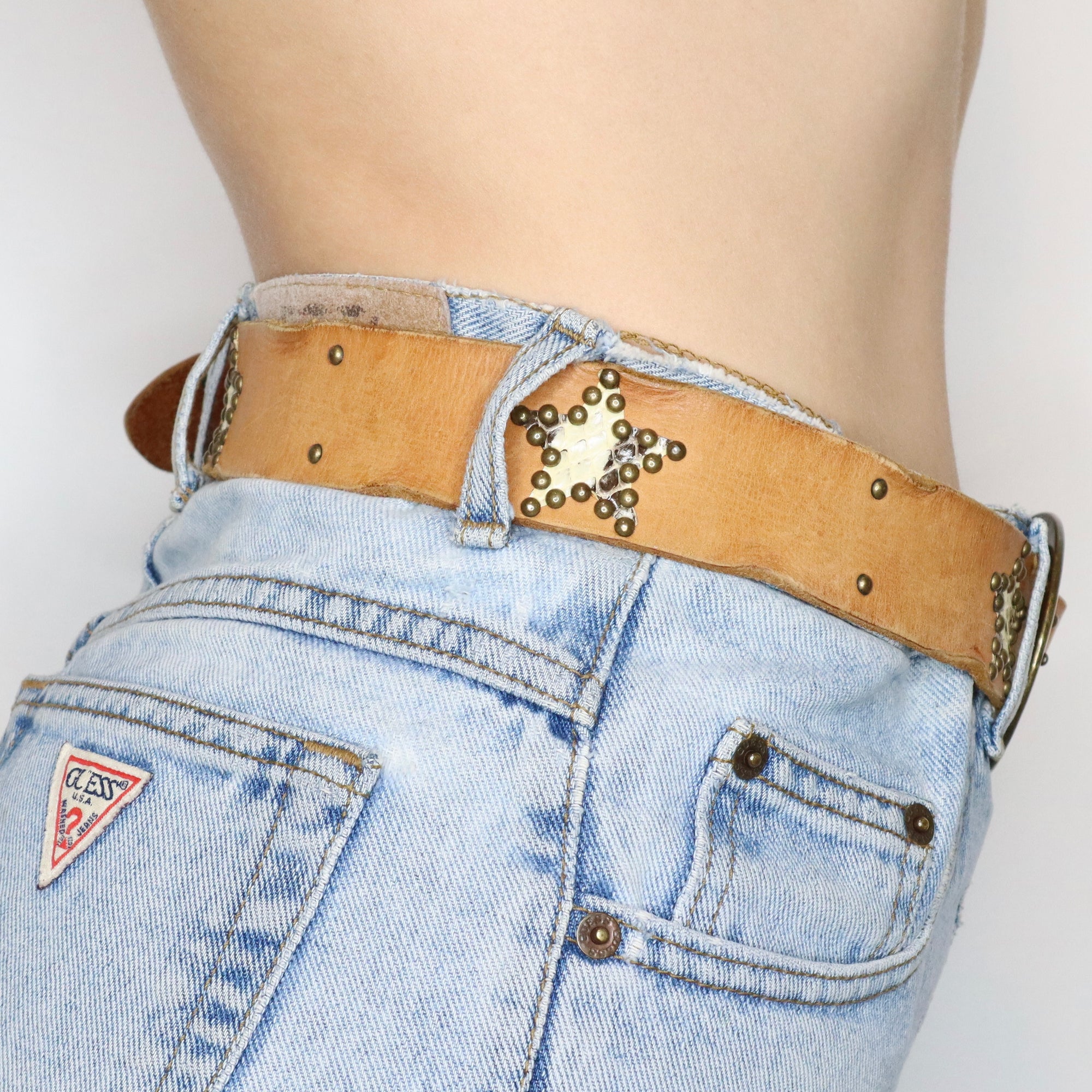 Vintage Y2K Warm Brown Leather Star Studded Belt
