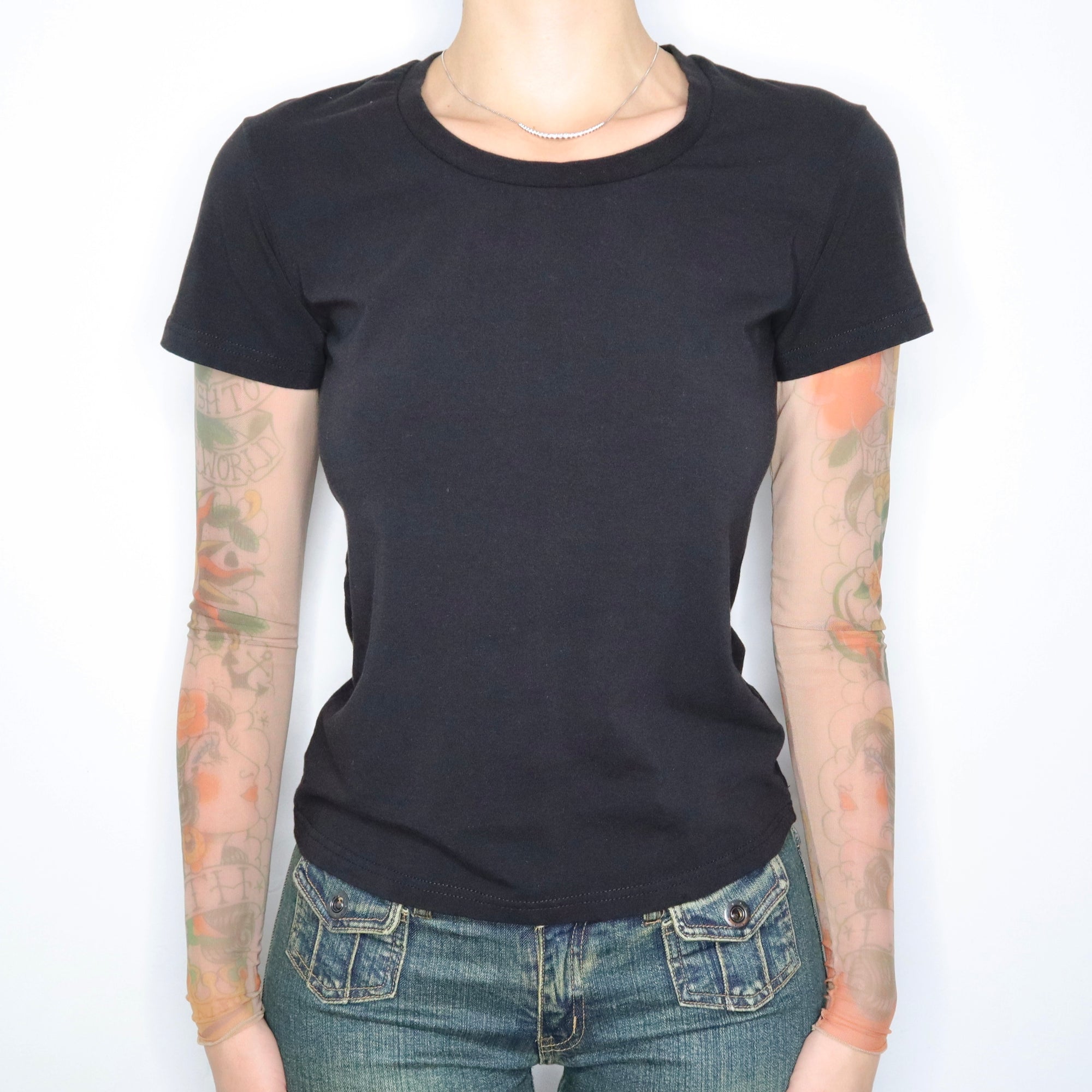 Vintage Early 2000s Black Tee with Tattoo Mesh Long Sleeves