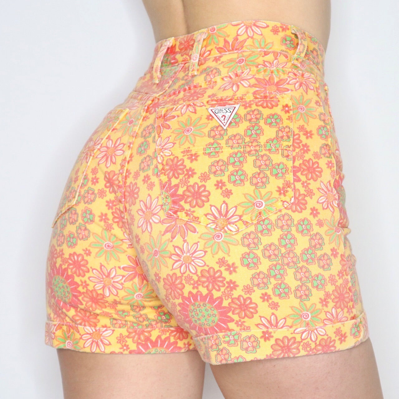 Rare Vintage 90s Funky Orange Floral Guess High Waisted Denim Shorts