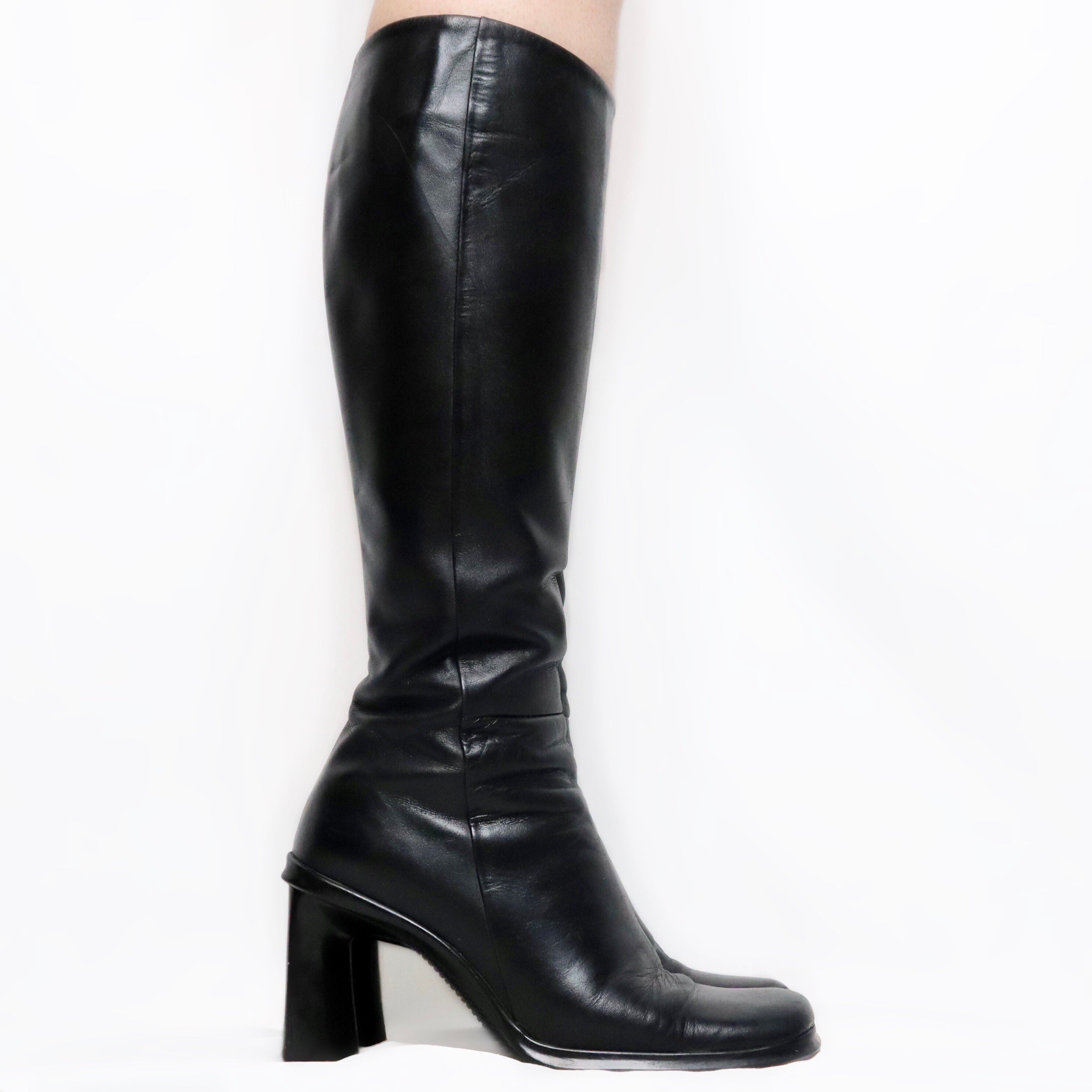 Italian Vintage 90s Black Leather Heeled Knee High Boots - Imber Vintage