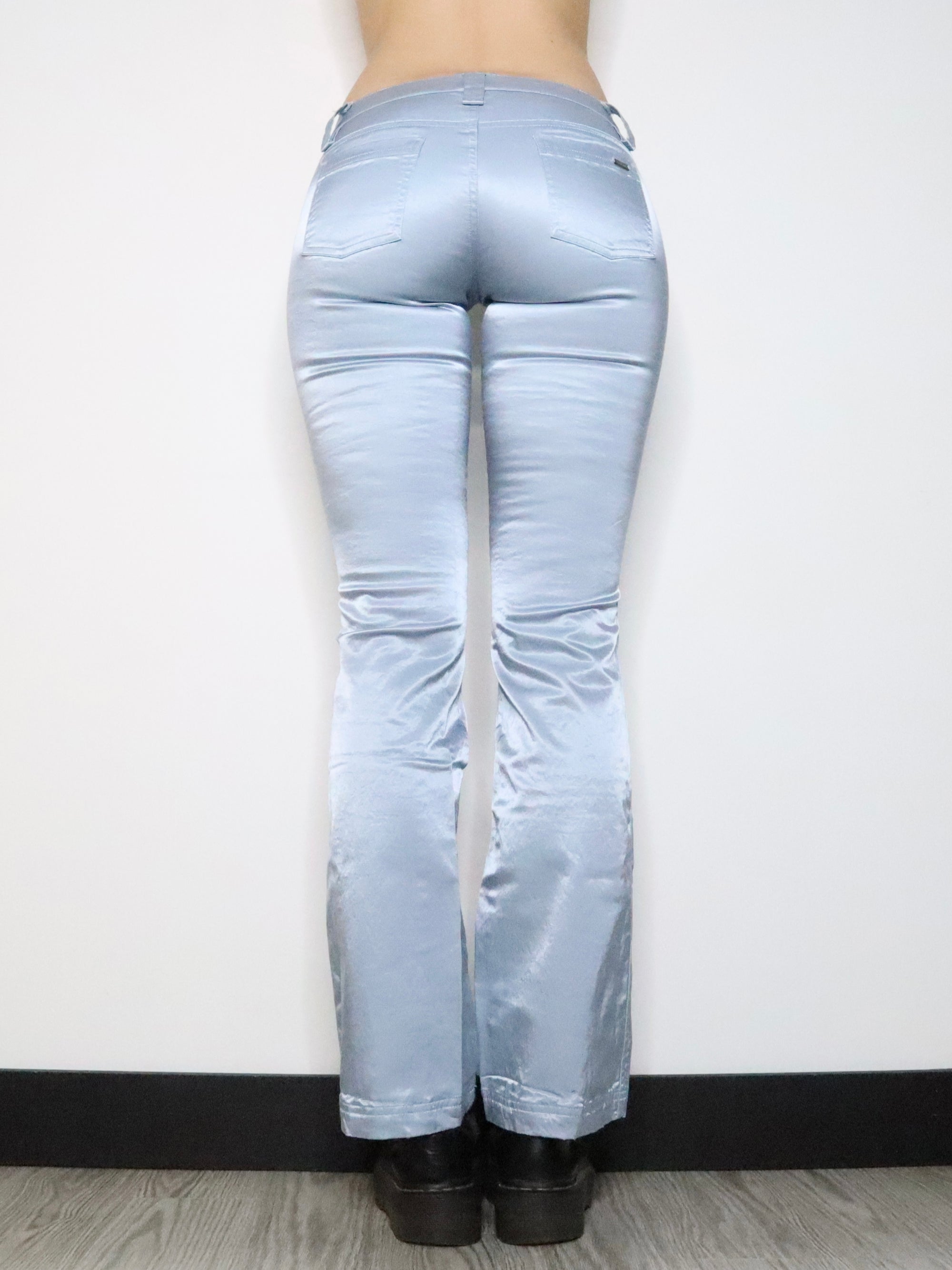 Ice Blue Satin Flare Pants (Small) - Imber Vintage