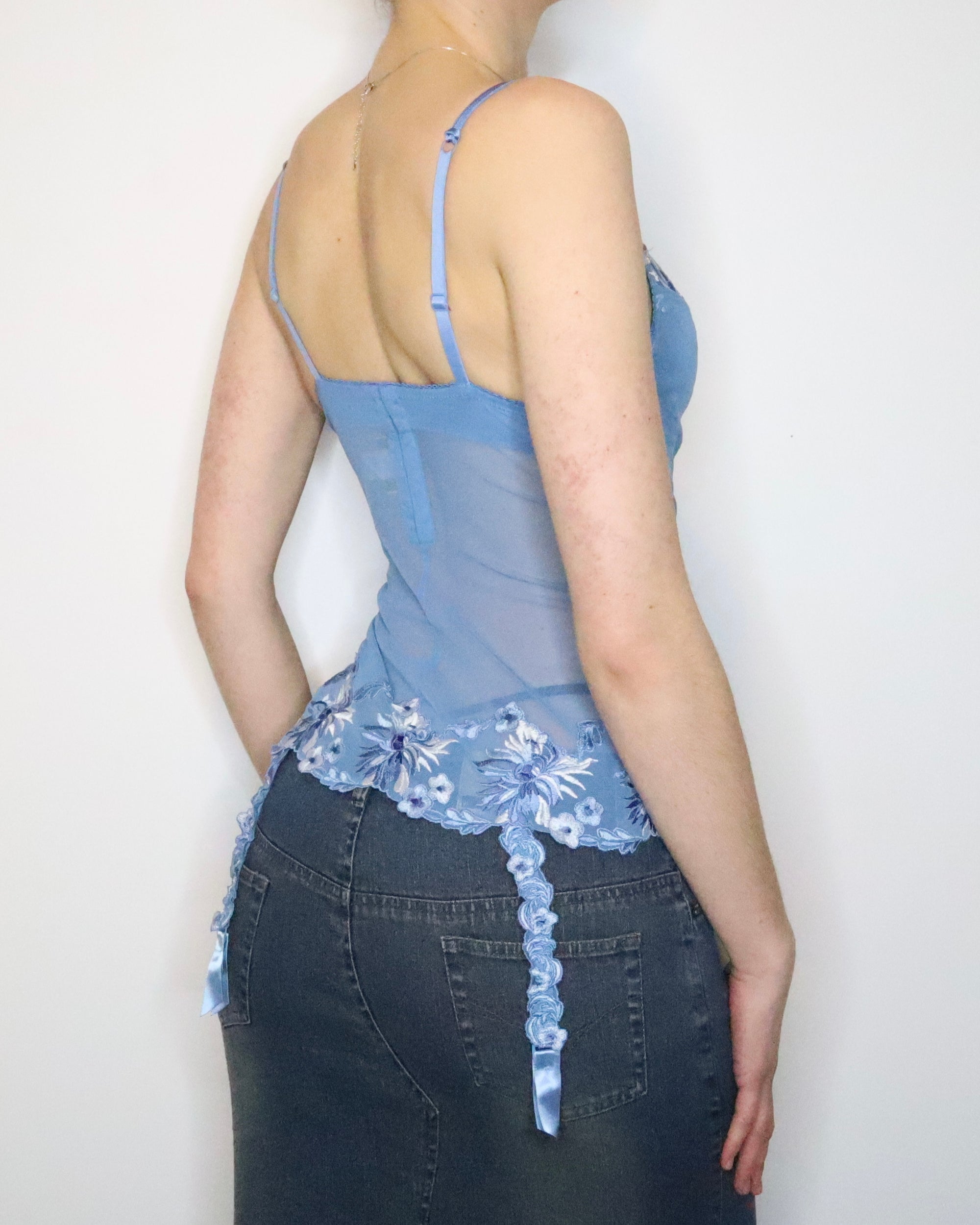 Blue Embroidered Mesh Bustier (S-M) 