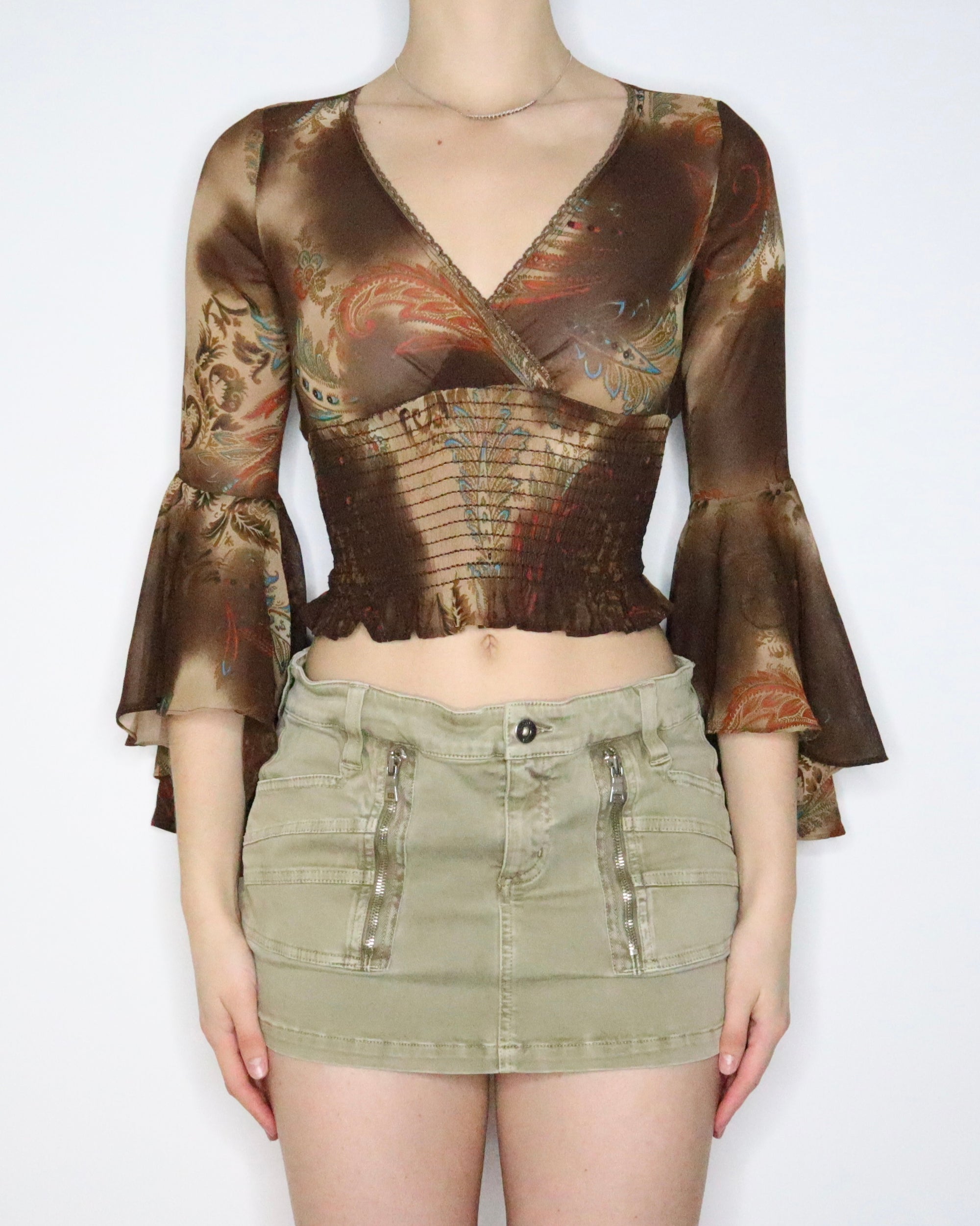Brown Paisley Bell Sleeve Top (XS) 