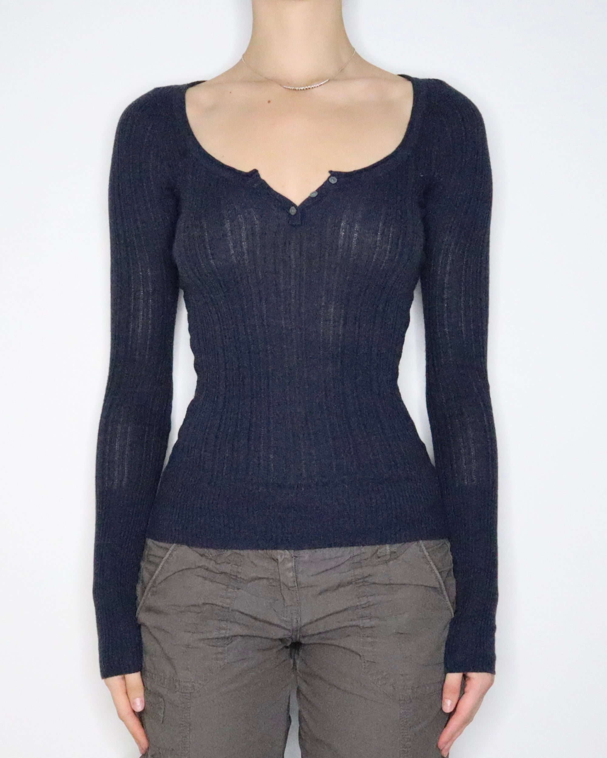 Navy Long Sleeve Henley Top (XS-S) 