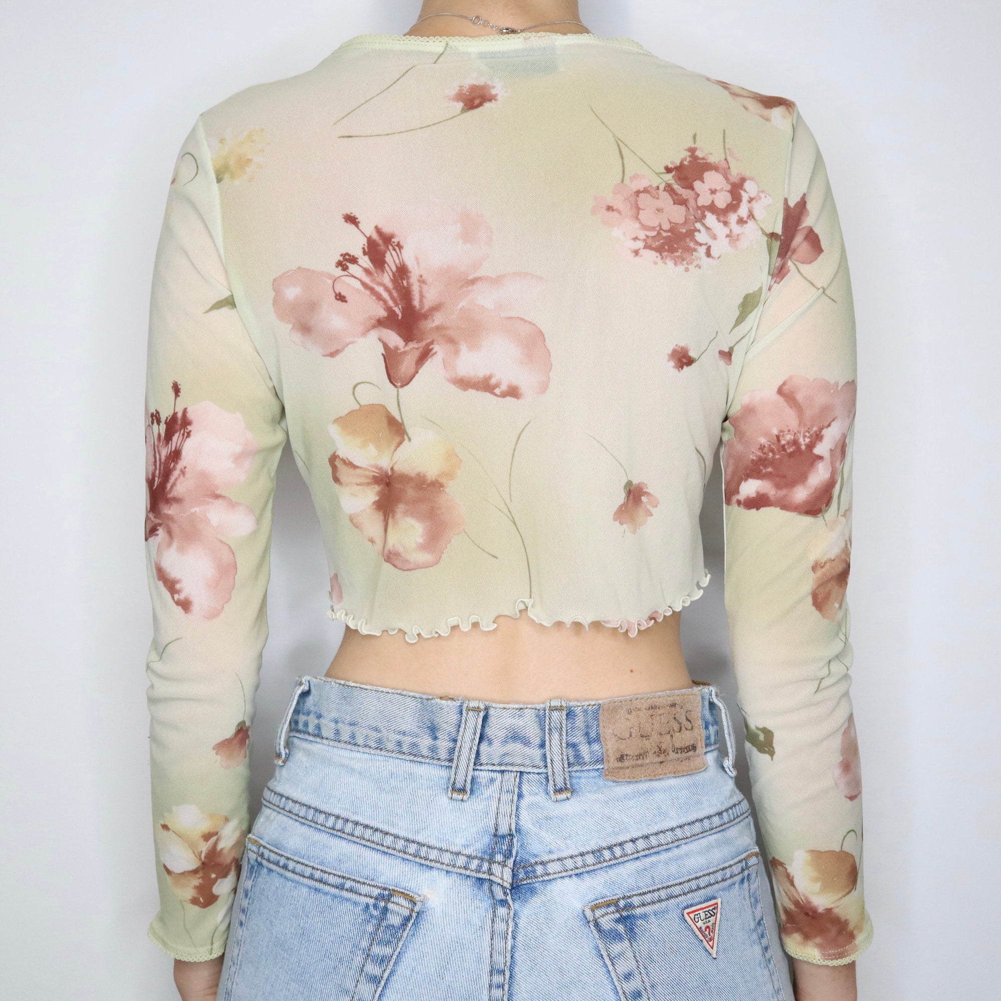 French Vintage Light Green Floral Mesh Top