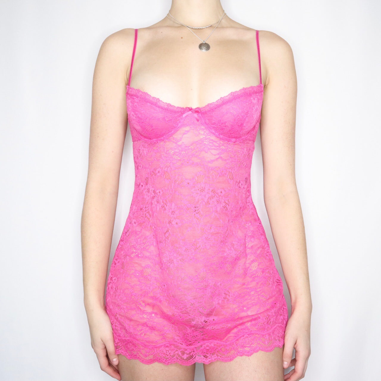 Victoria's Secret Hot Pink Sheer Lace Mini Dress - Imber Vintage Victoria's Secret Hot Pink Sheer Lace Mini Dress - Imber Vintage