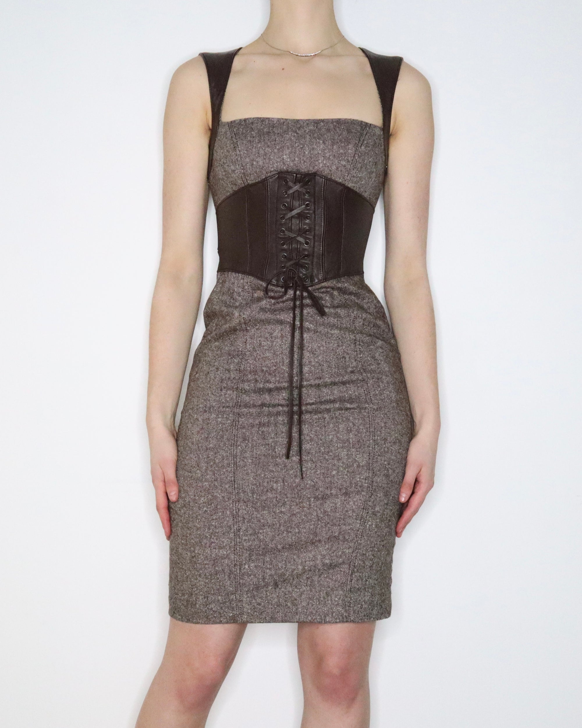Bebe Brown Tweed Corset Dress (XS) - Imber Vintage Bebe Brown Tweed Corset Dress (XS) - Imber Vintage