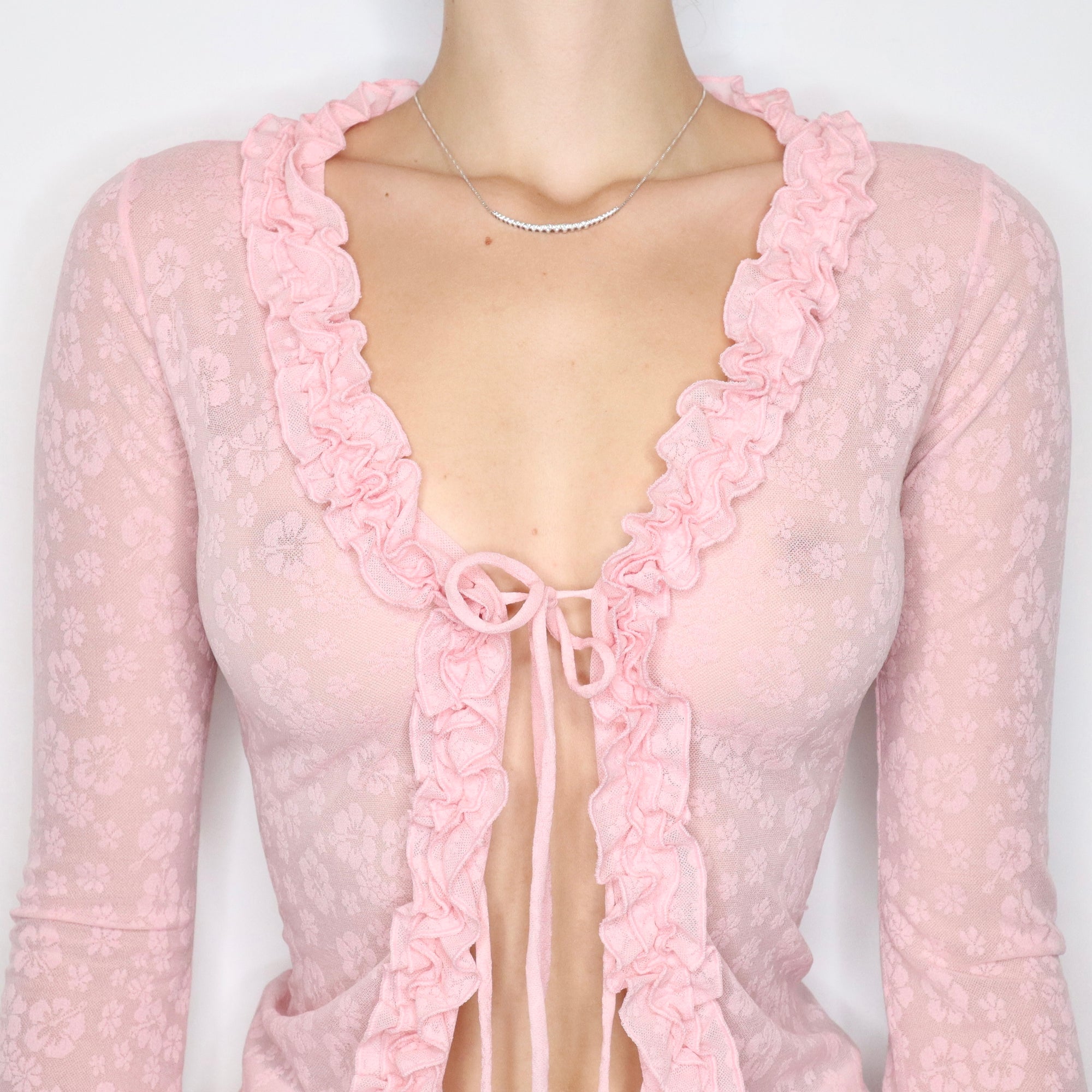 Vintage Early 2000s Pastel Pink Hibiscus Mesh Blouse