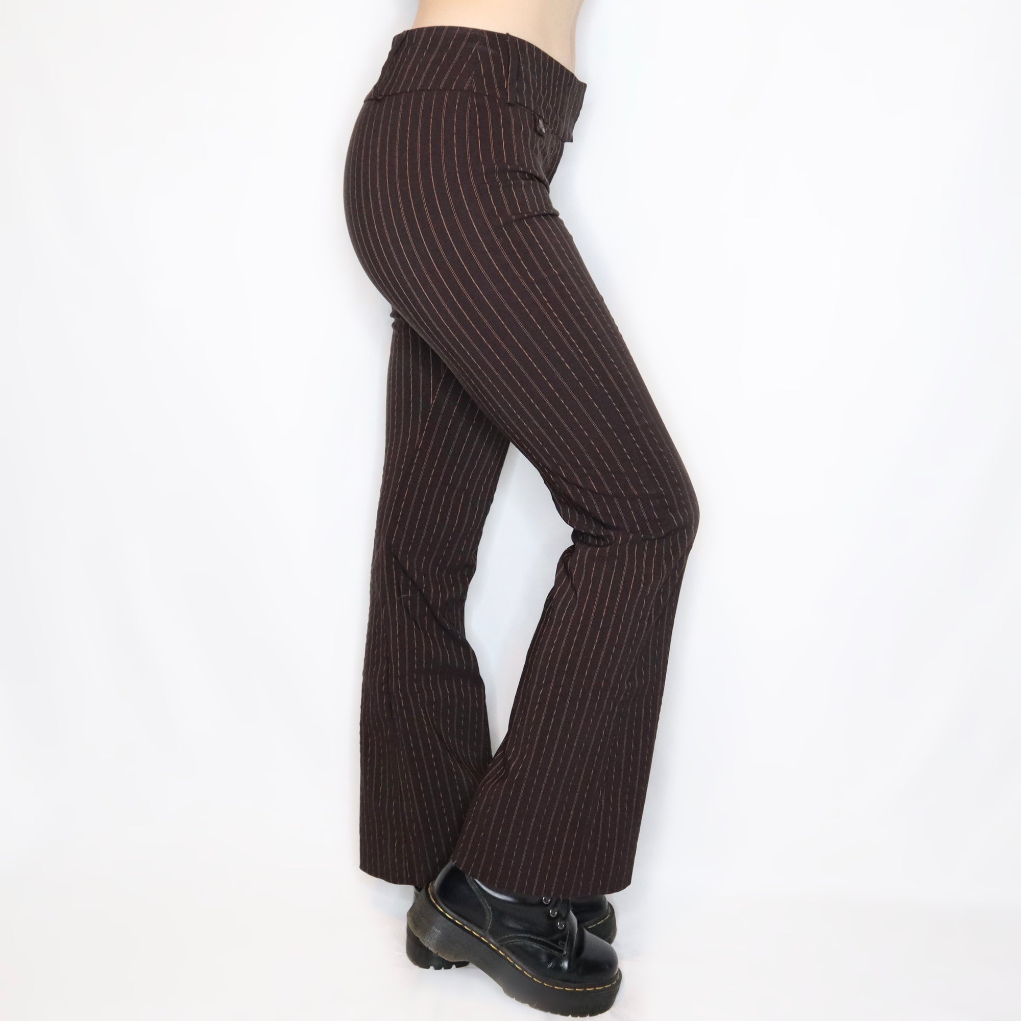 Vintage Y2K Stretchy Mid Rise Brown Pinstripe Flare Pants - Imber Vintage