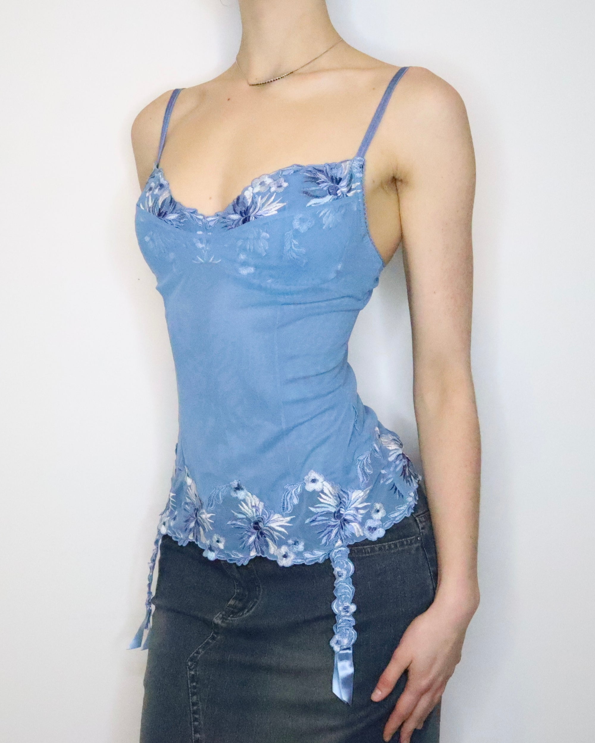 Blue Embroidered Mesh Bustier (S-M) 
