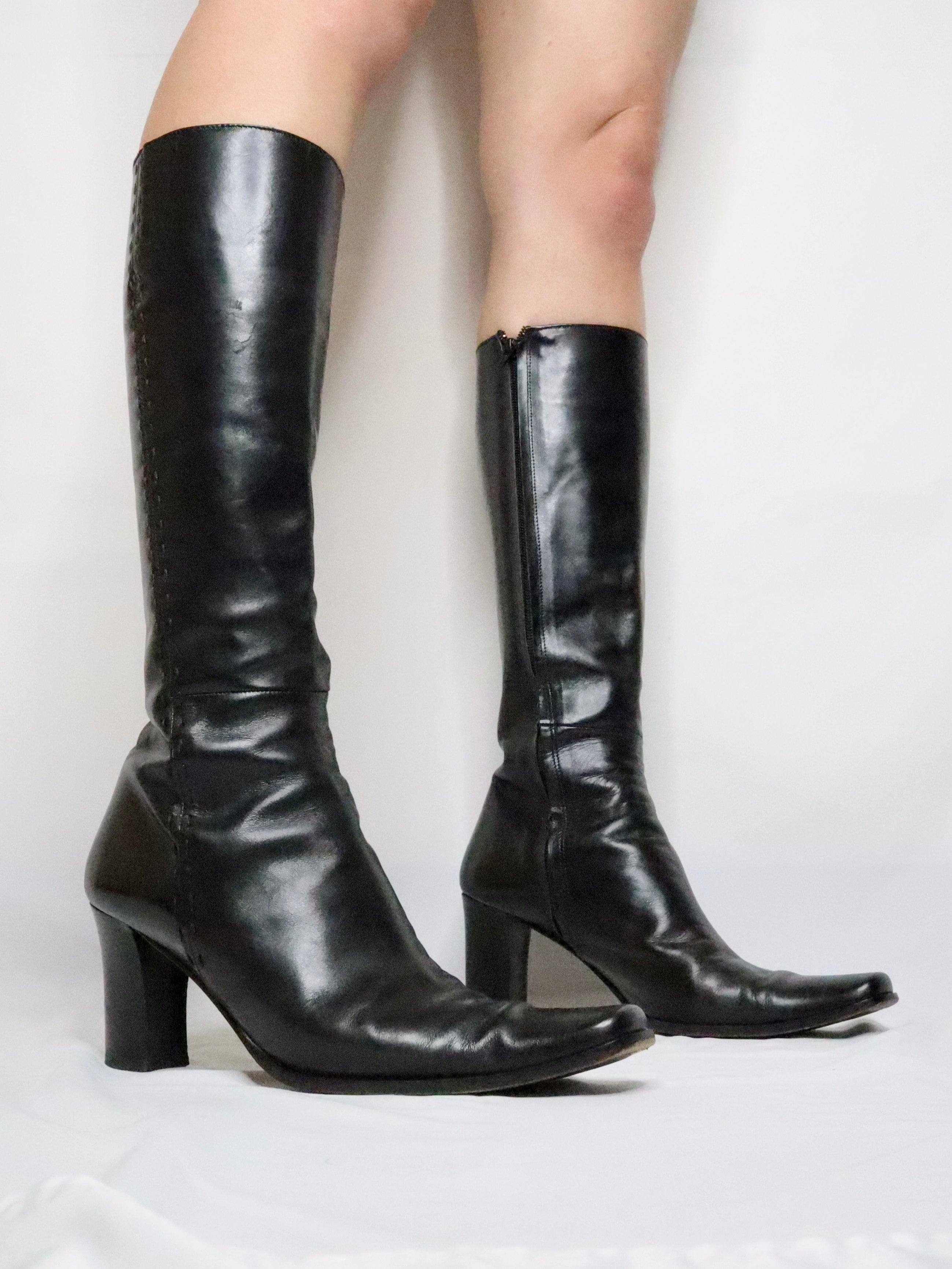 Italian Vintage 90s Black Leather Heeled Knee High Boots - Imber Vintage