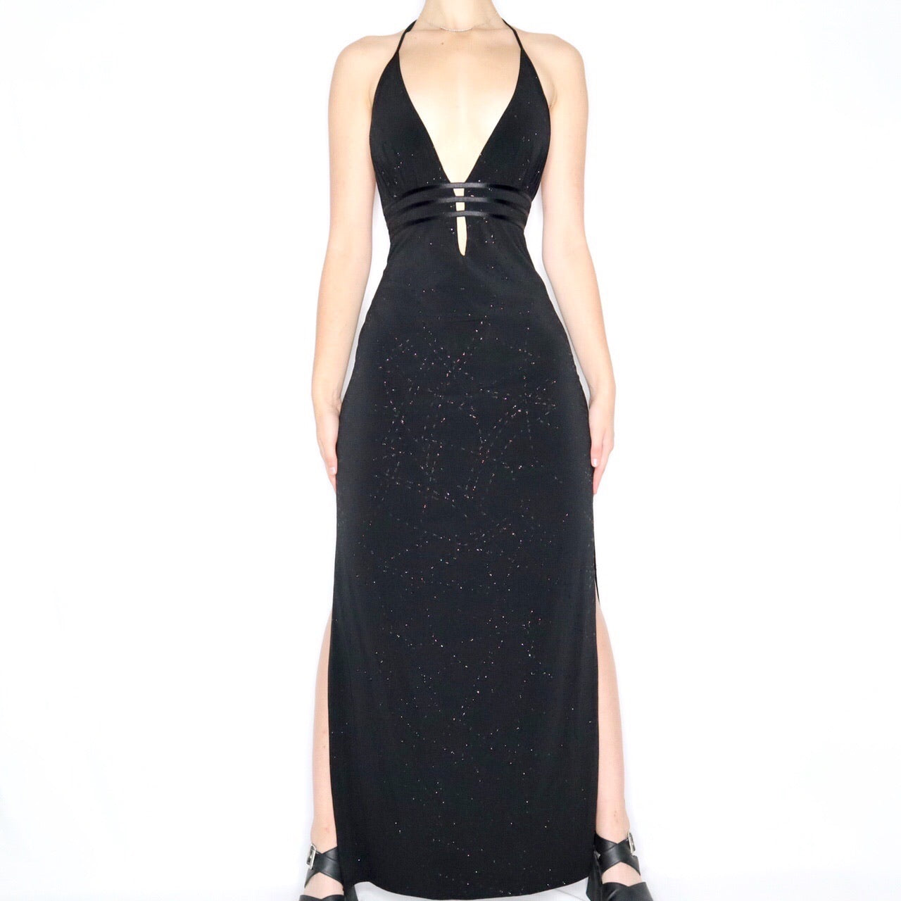 Vintage 90s Backless Black Glitter Gown - Imber Vintage Vintage 90s Backless Black Glitter Gown - Imber Vintage