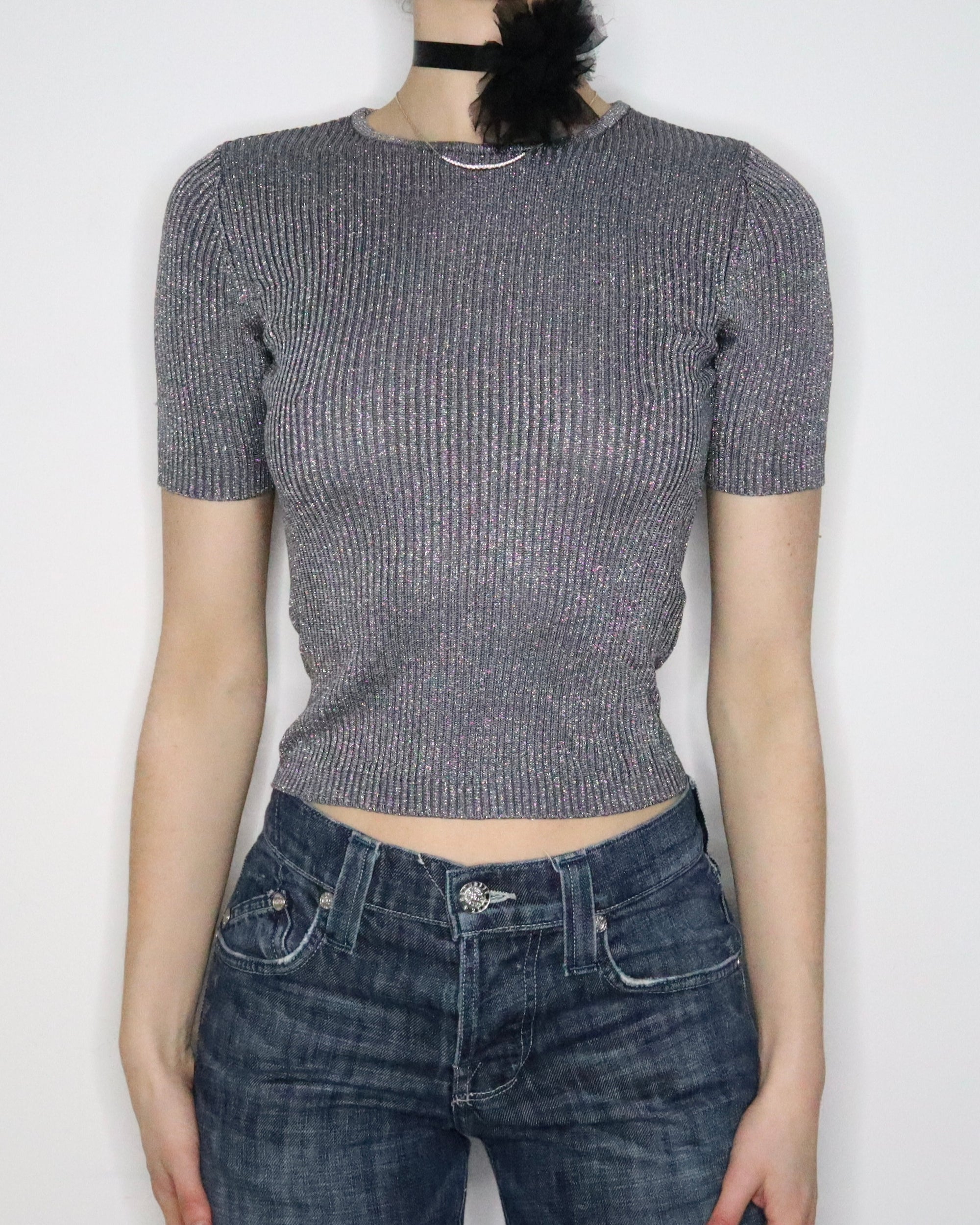 Silver Ribbed Knit Top (XS-S) 