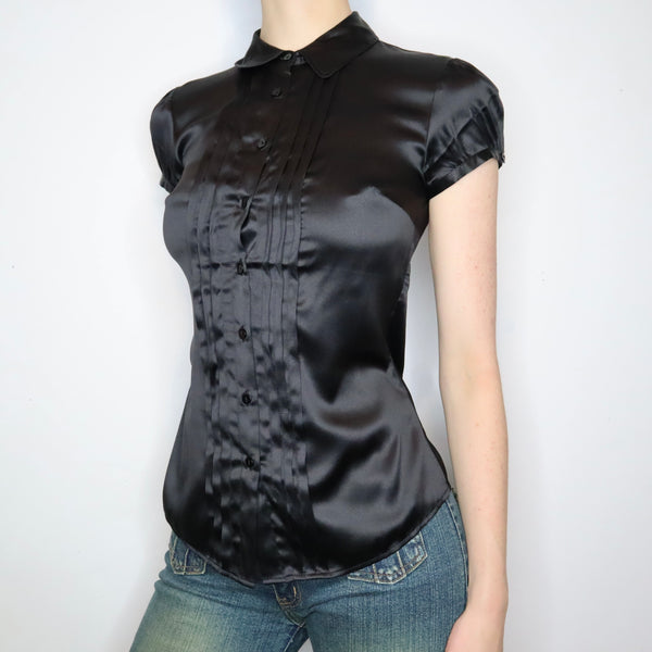 Retro Silky Black Cuffed Blouse Pocket PLUS main image 1