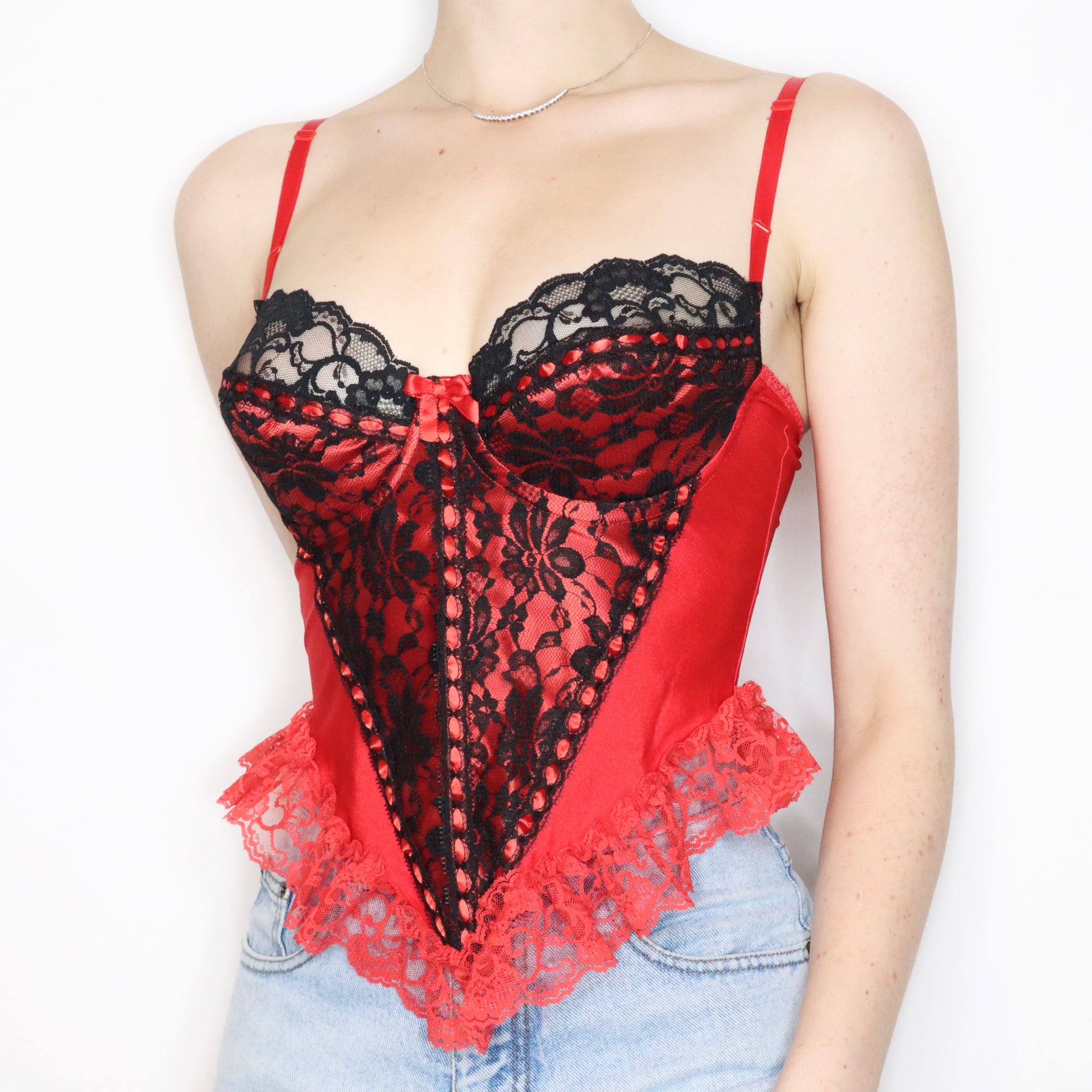 Vintage 80s Gothic Red and Black Lace Corset