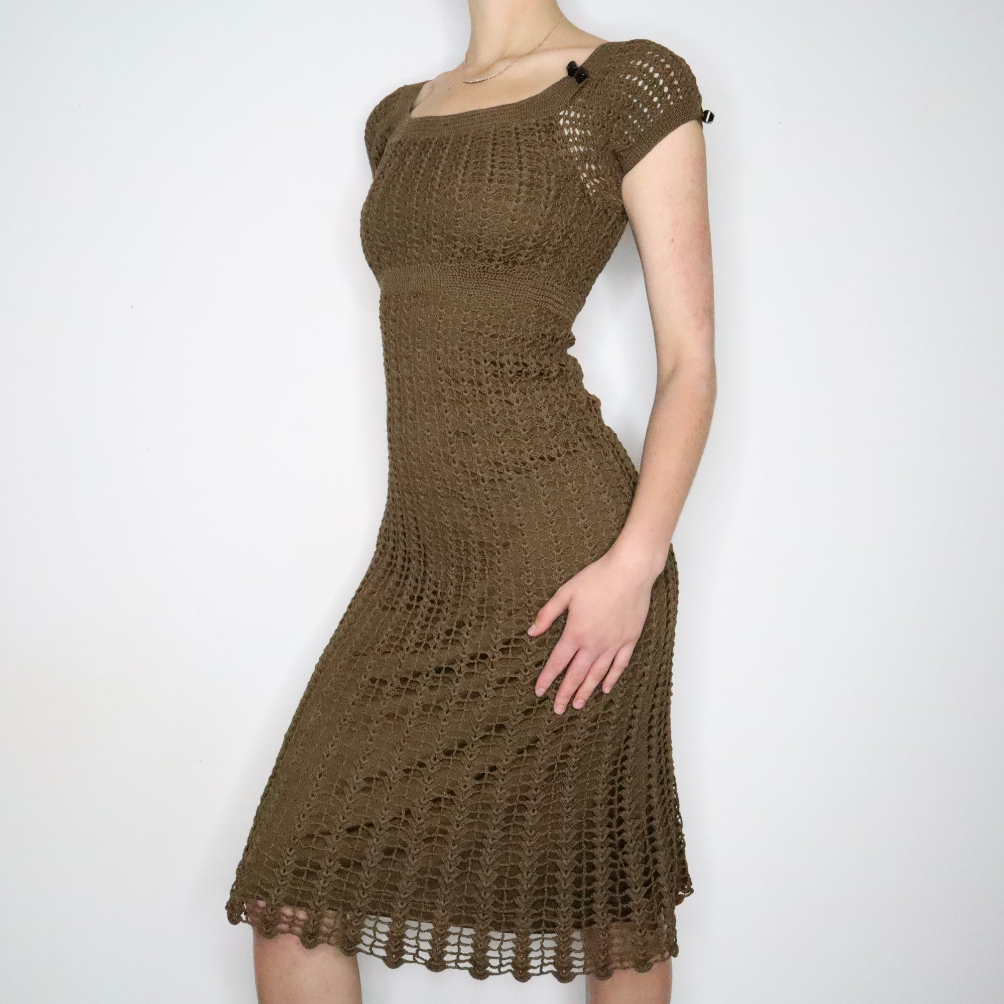 Betsey Johnson Olive Green Crochet Dress (XS-S) - Imber Vintage Betsey Johnson Olive Green Crochet Dress (XS-S) - Imber Vintage