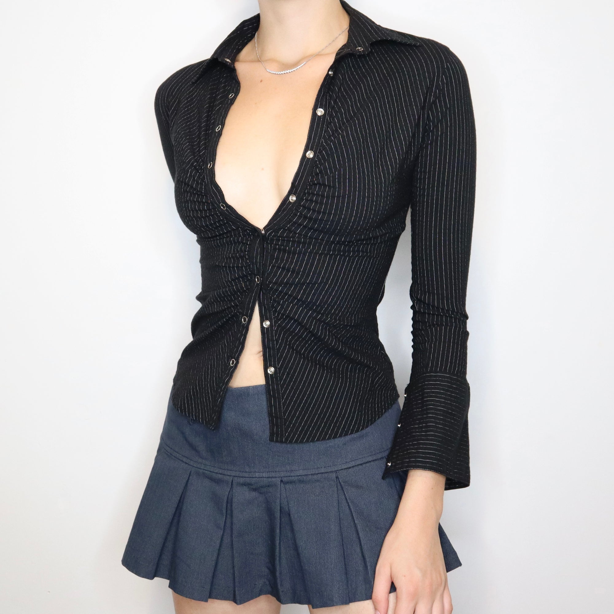 Vintage Early 2000s Black Pinstripe Button-Up Blouse