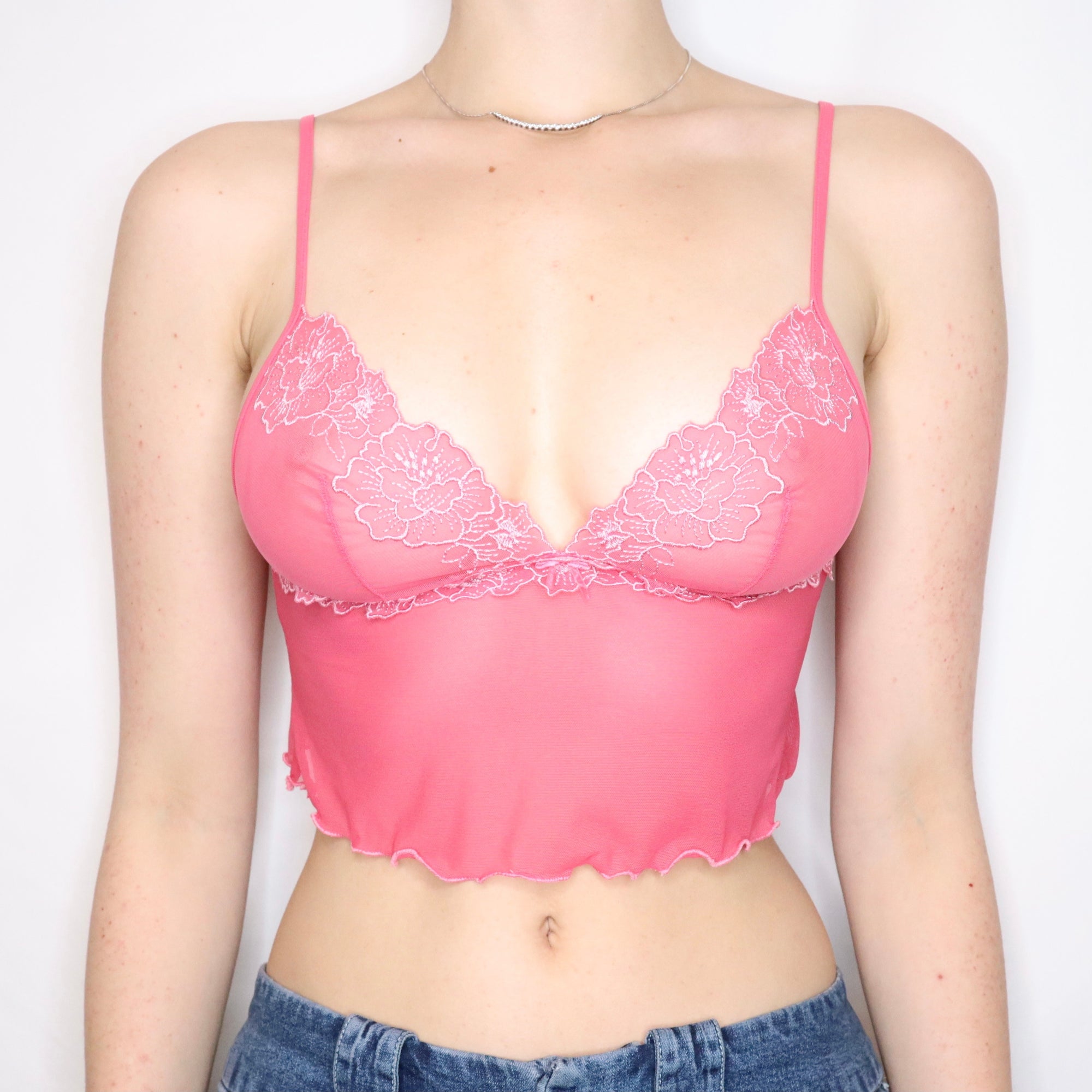 Vintage Early 2000s Sheer Pink Mesh Cropped Cami