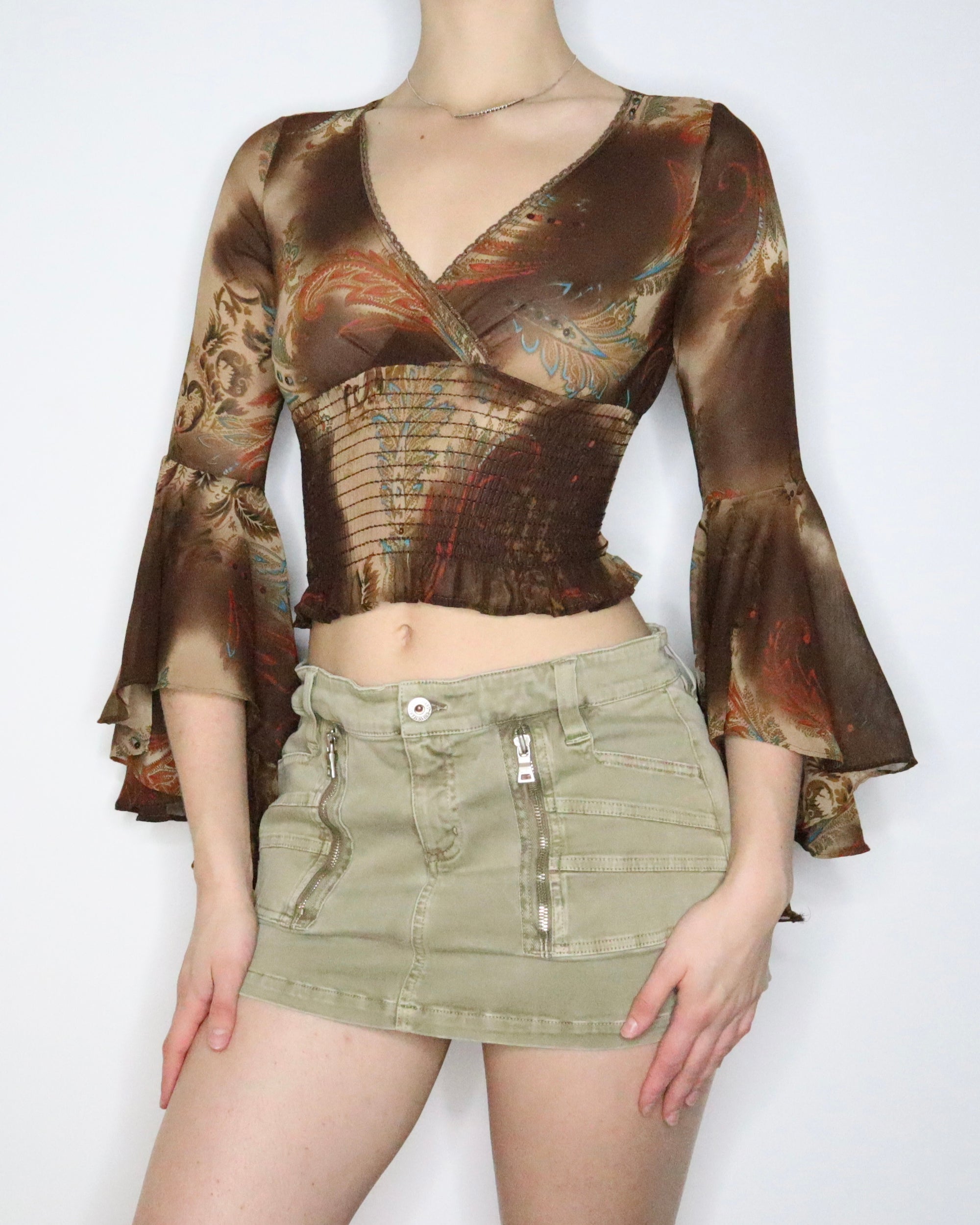 Brown Paisley Bell Sleeve Top (XS) 