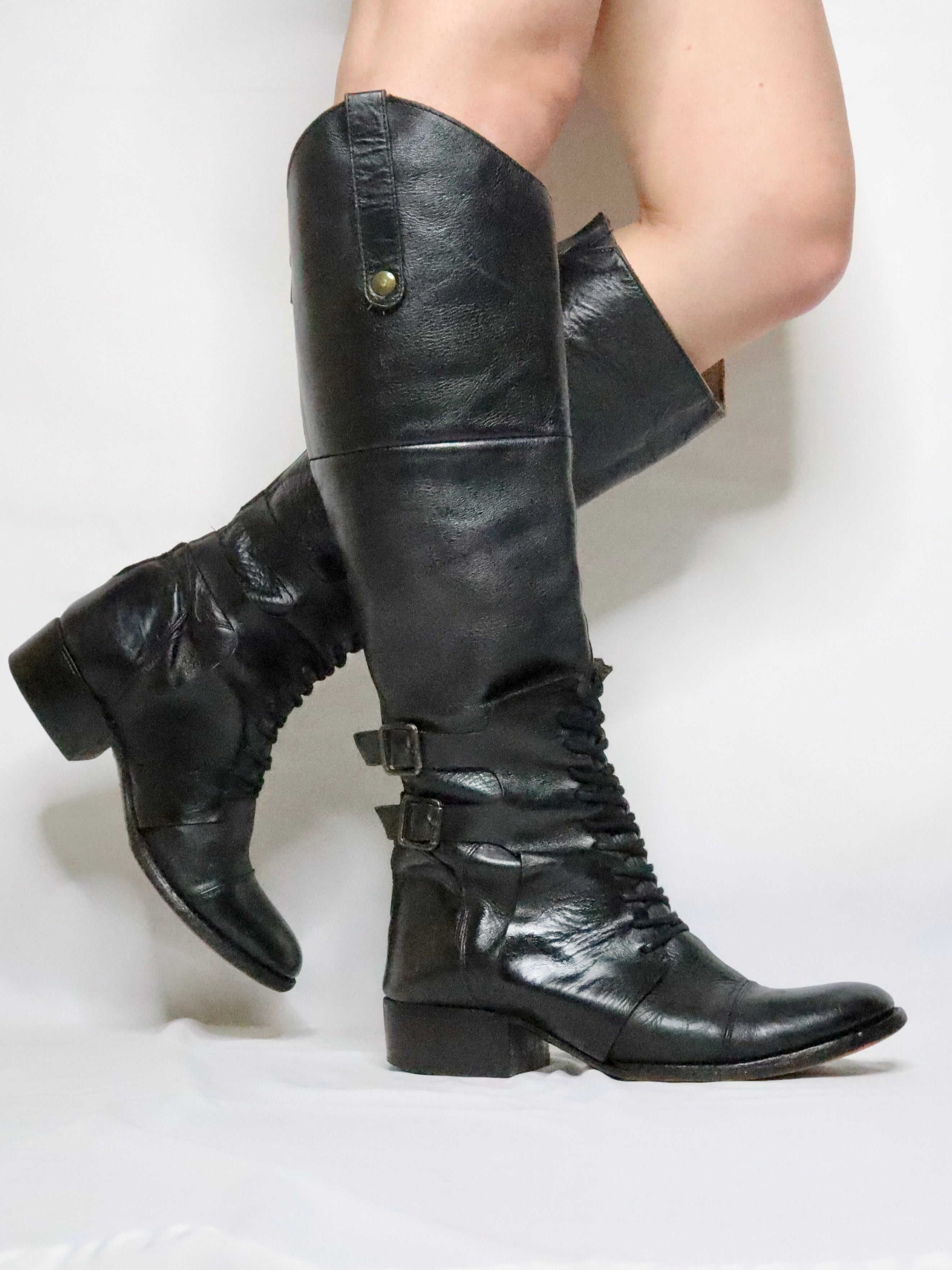Italian Vintage 90s Black Leather Heeled Knee High Boots - Imber Vintage