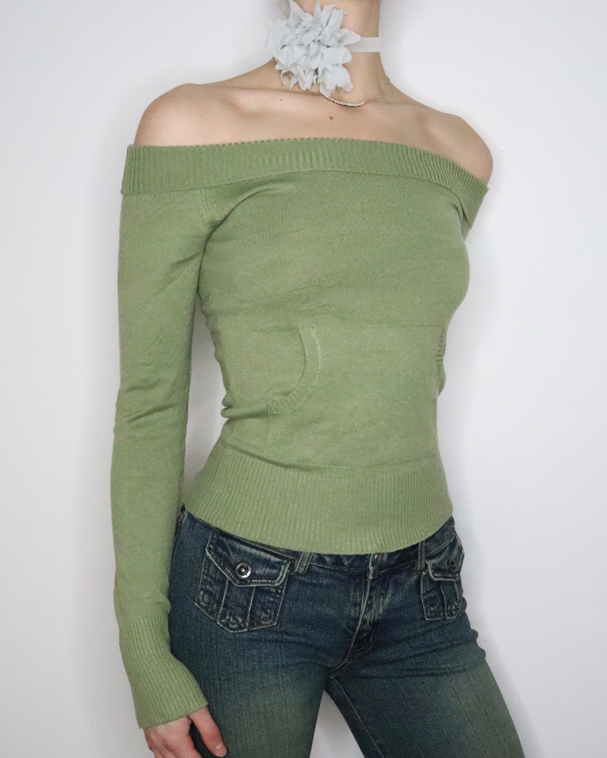 Green Off the Shoulder Sweater (Small) 