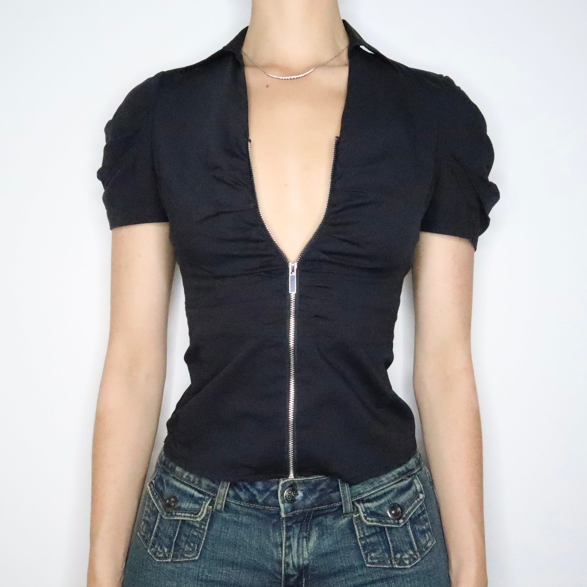 Black Zip Up Blouse S M Imber Vintage