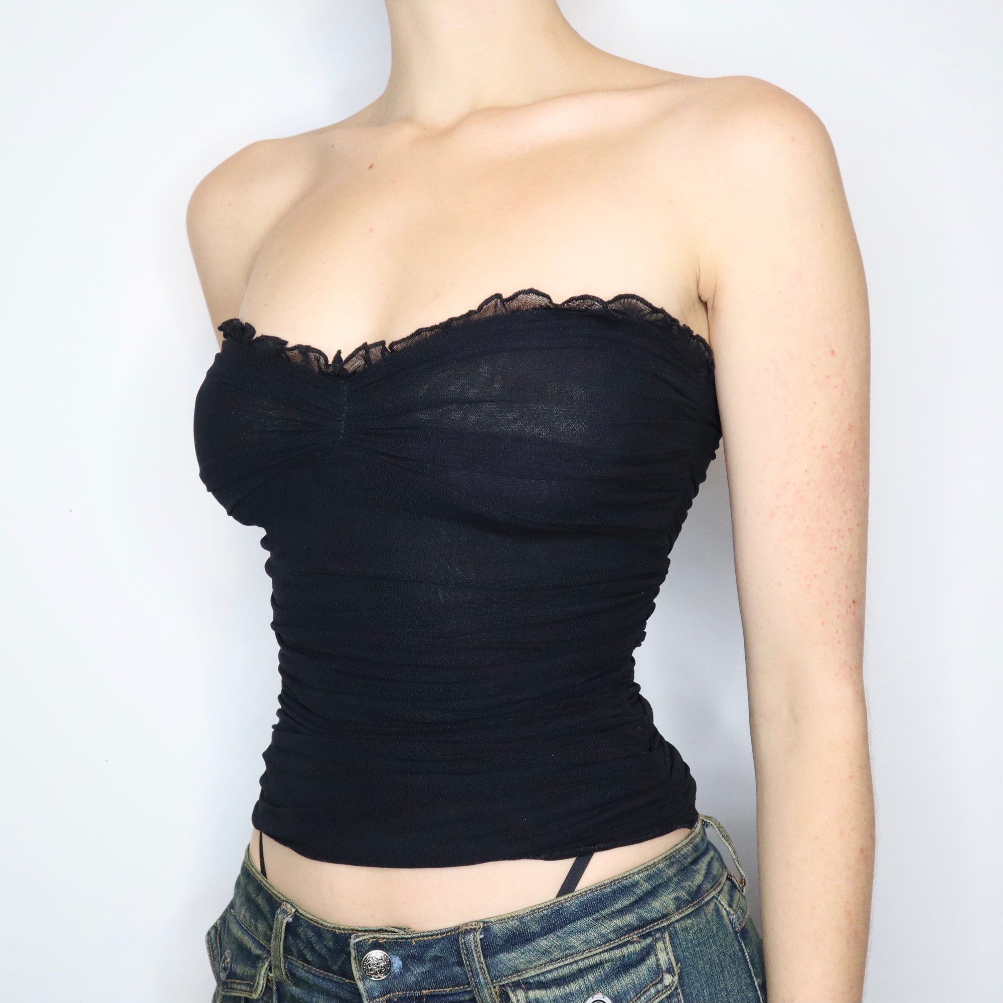 Vintage Early 2000s Black Mesh Ruched Tube Top - Imber Vintage Vintage Early 2000s Black Mesh Ruched Tube Top - Imber Vintage