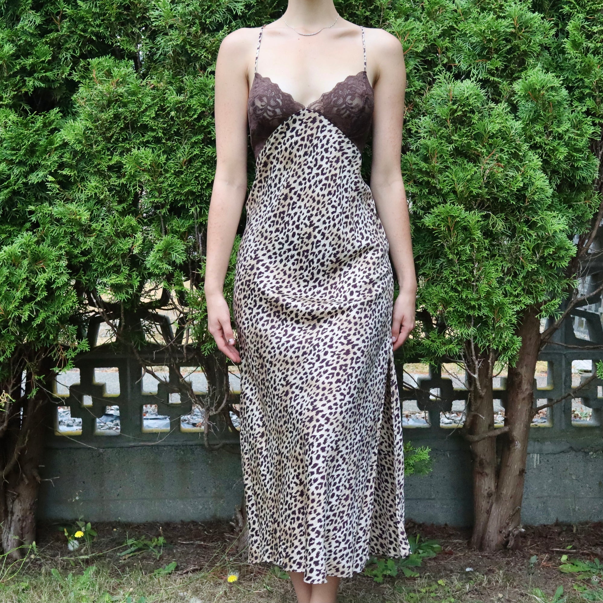 Vintage 90s Leopard Print Silk and Lace Slip Dress