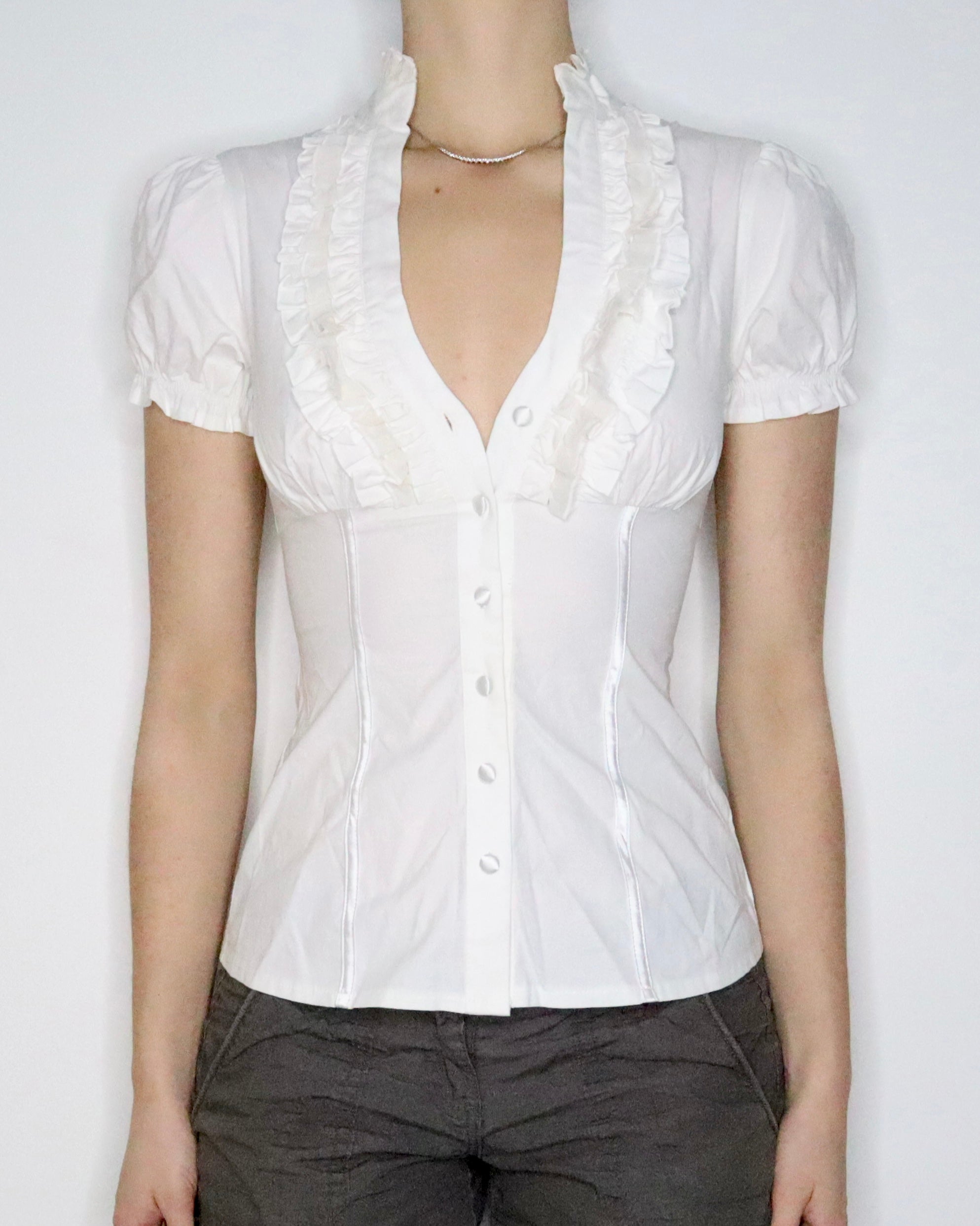 Bebe White Ruffle Blouse (XS-S) 