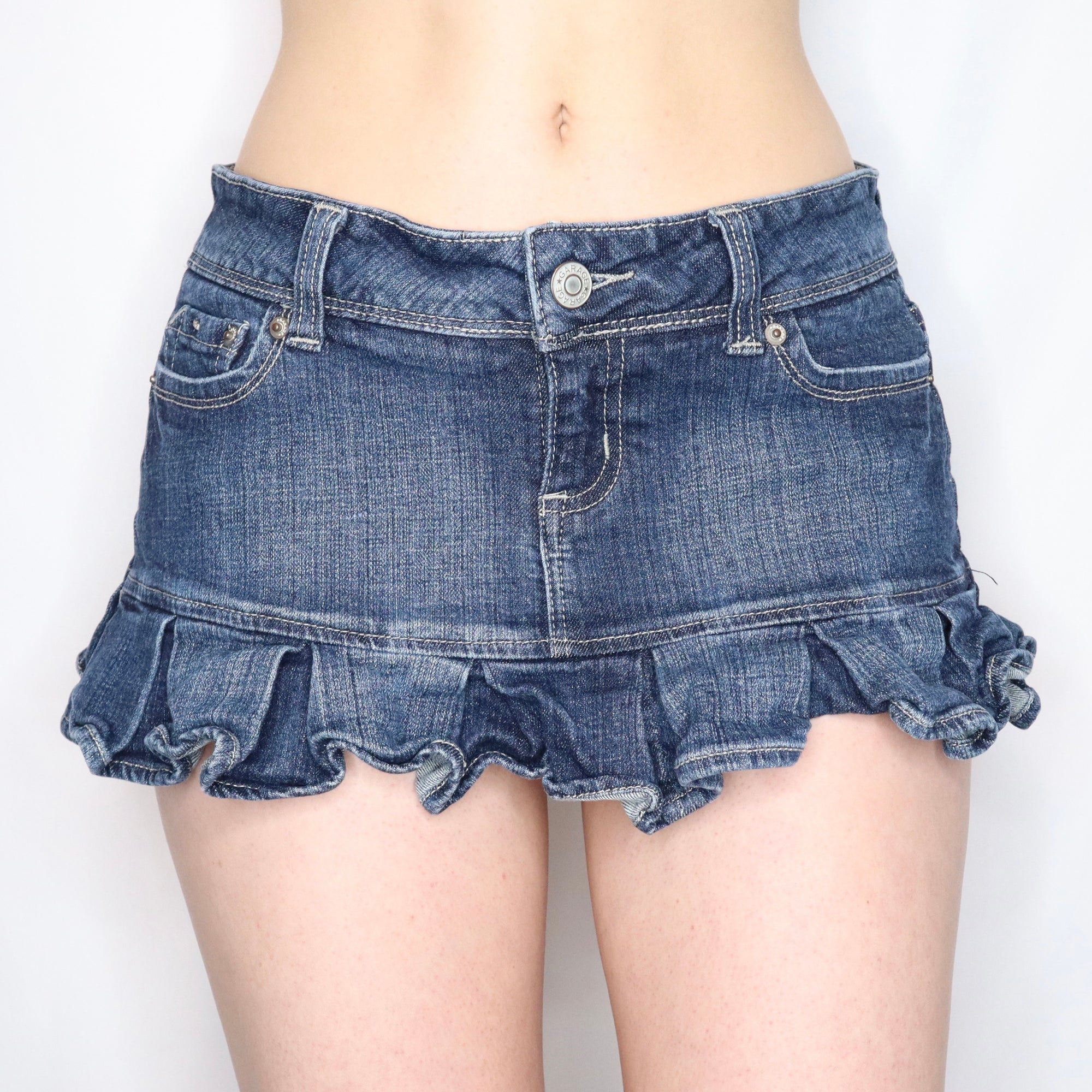 Vintage Early 2000s Low Rise Pleated Denim Mini Skirt
