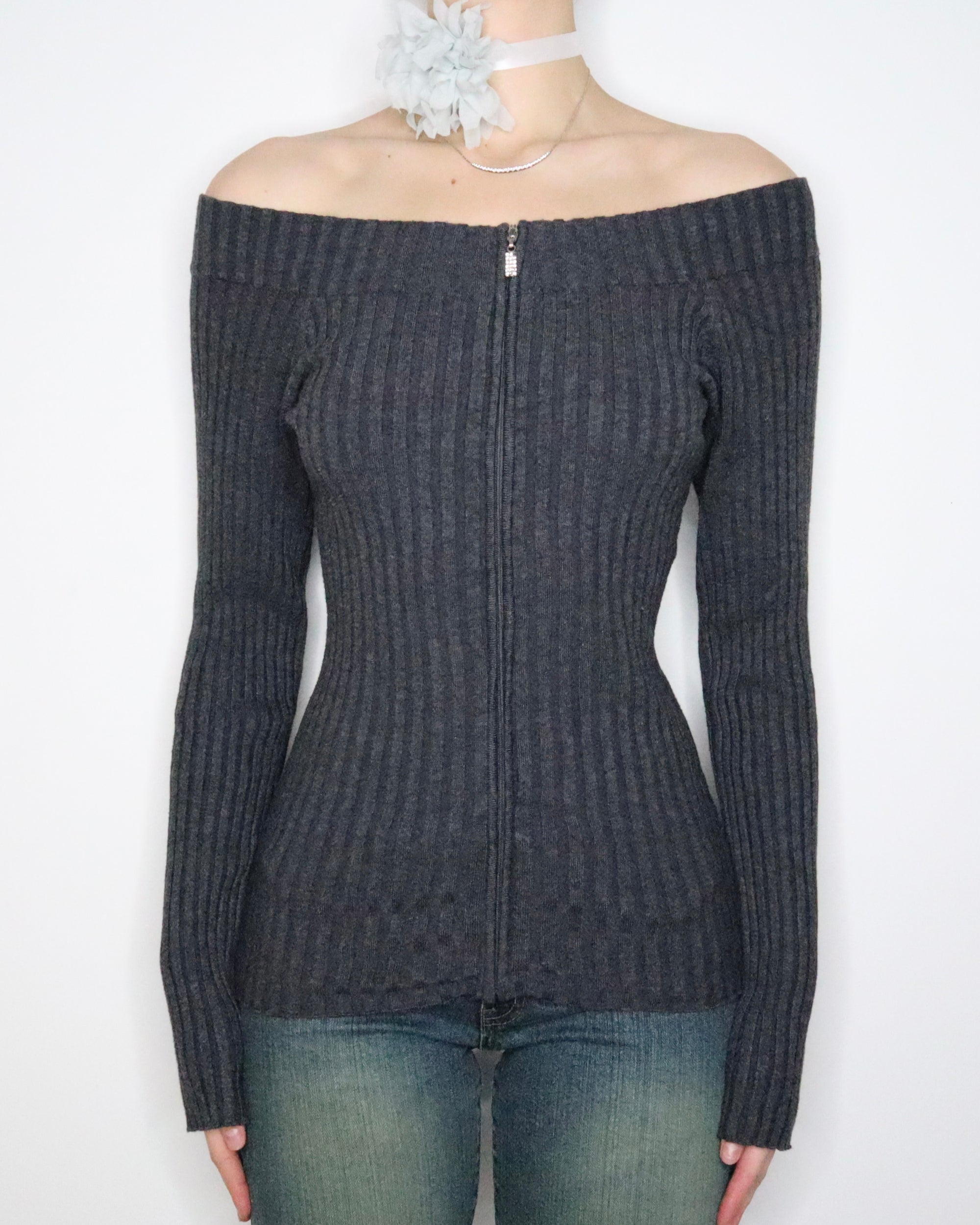 Guess Gray Zip Up Sweater (M-L) 