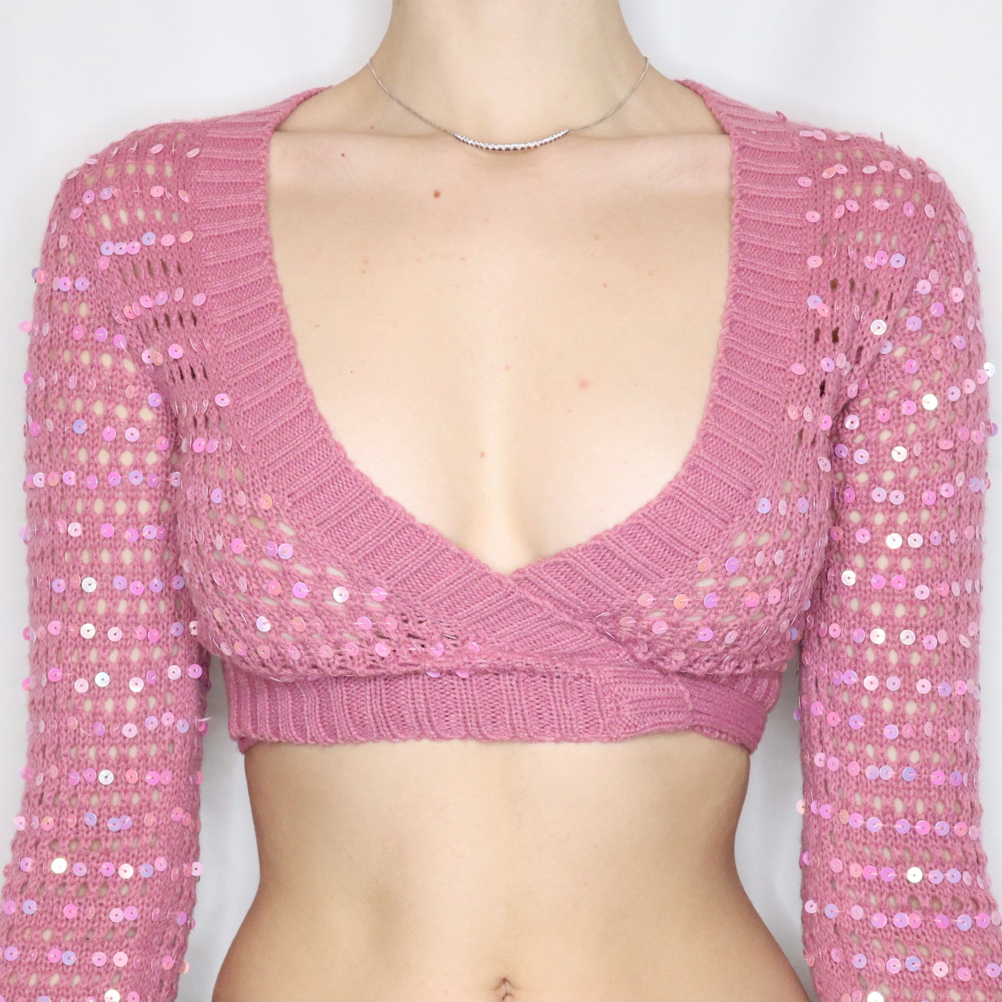 Vintage Y2K Pink Crocheted Cropped Bolero