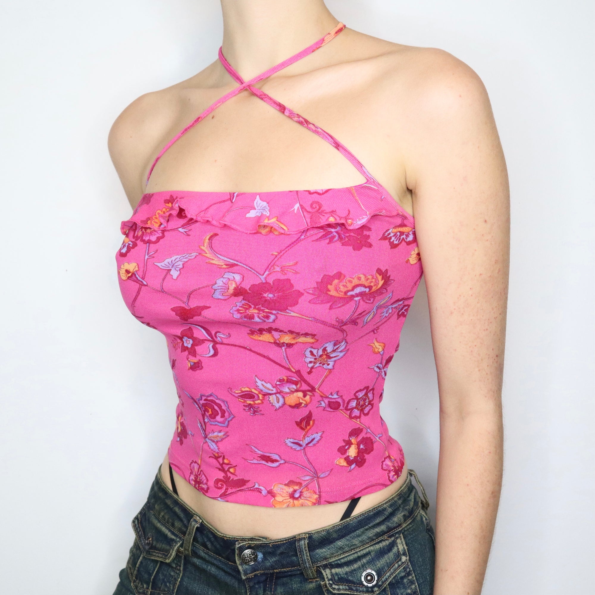 French Vintage Early 2000s Pink Floral Mesh Halter Top