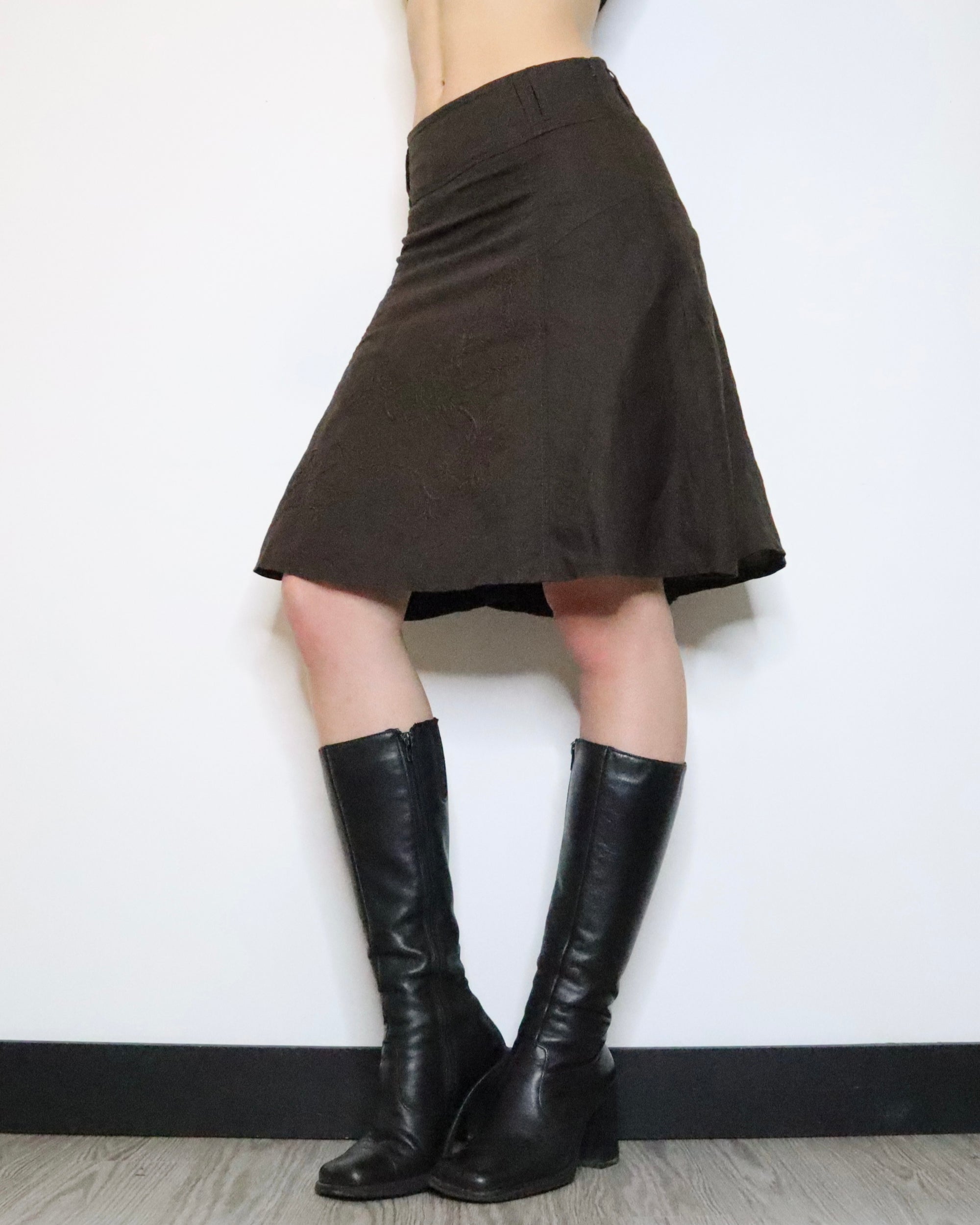 Dark Green Linen Midi Skirt (Small)