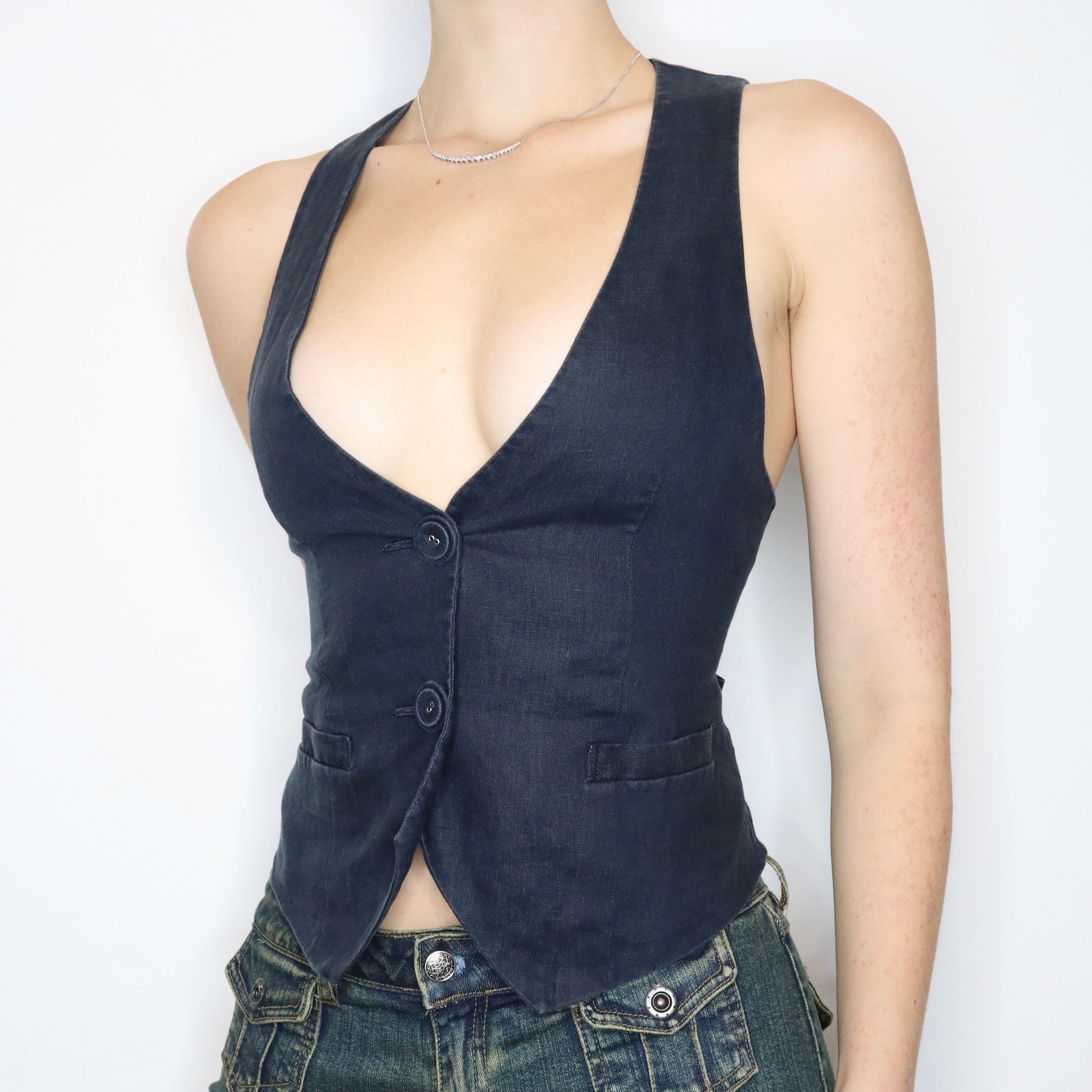 Vintage Early 2000s Navy Button-Up Vest - Imber Vintage