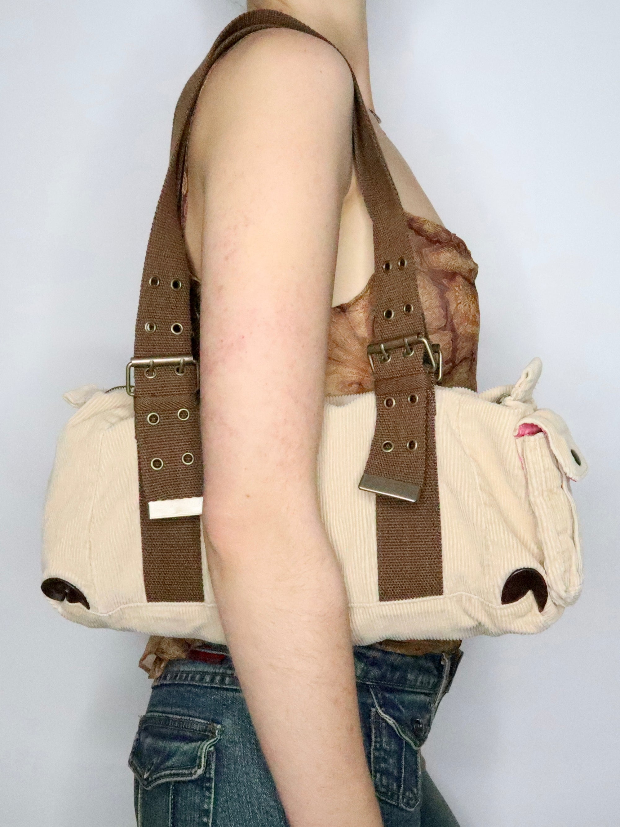 Beige Corduroy Shoulder Bag 