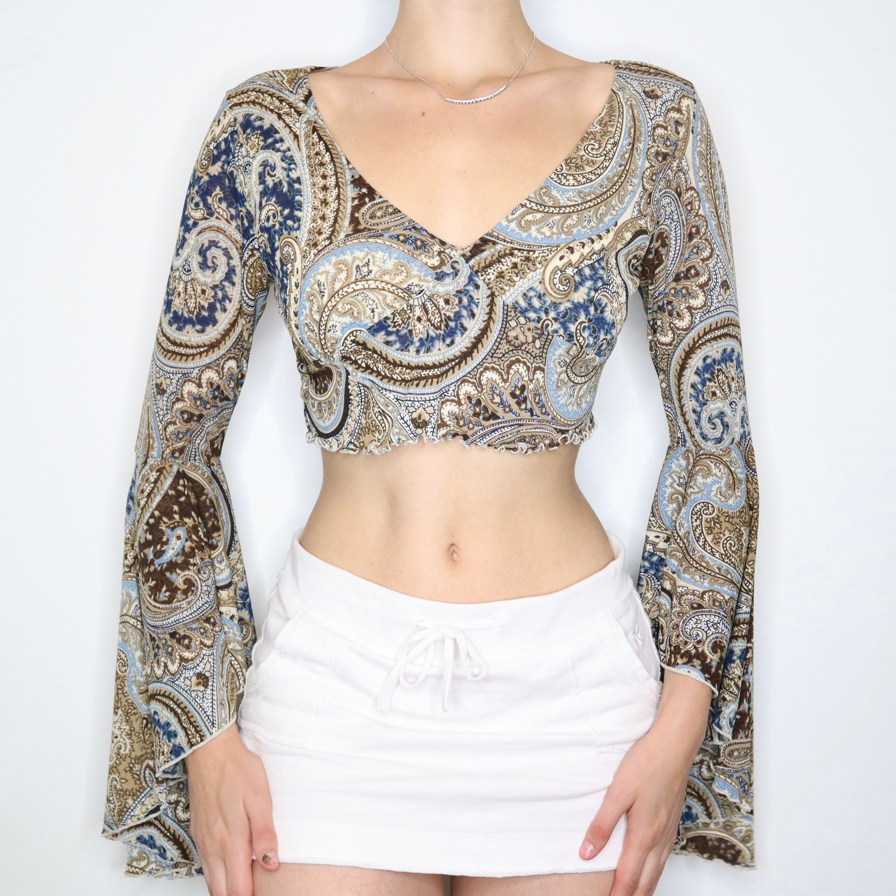 Brown Paisley Print Long Sleeve Cropped Shirt